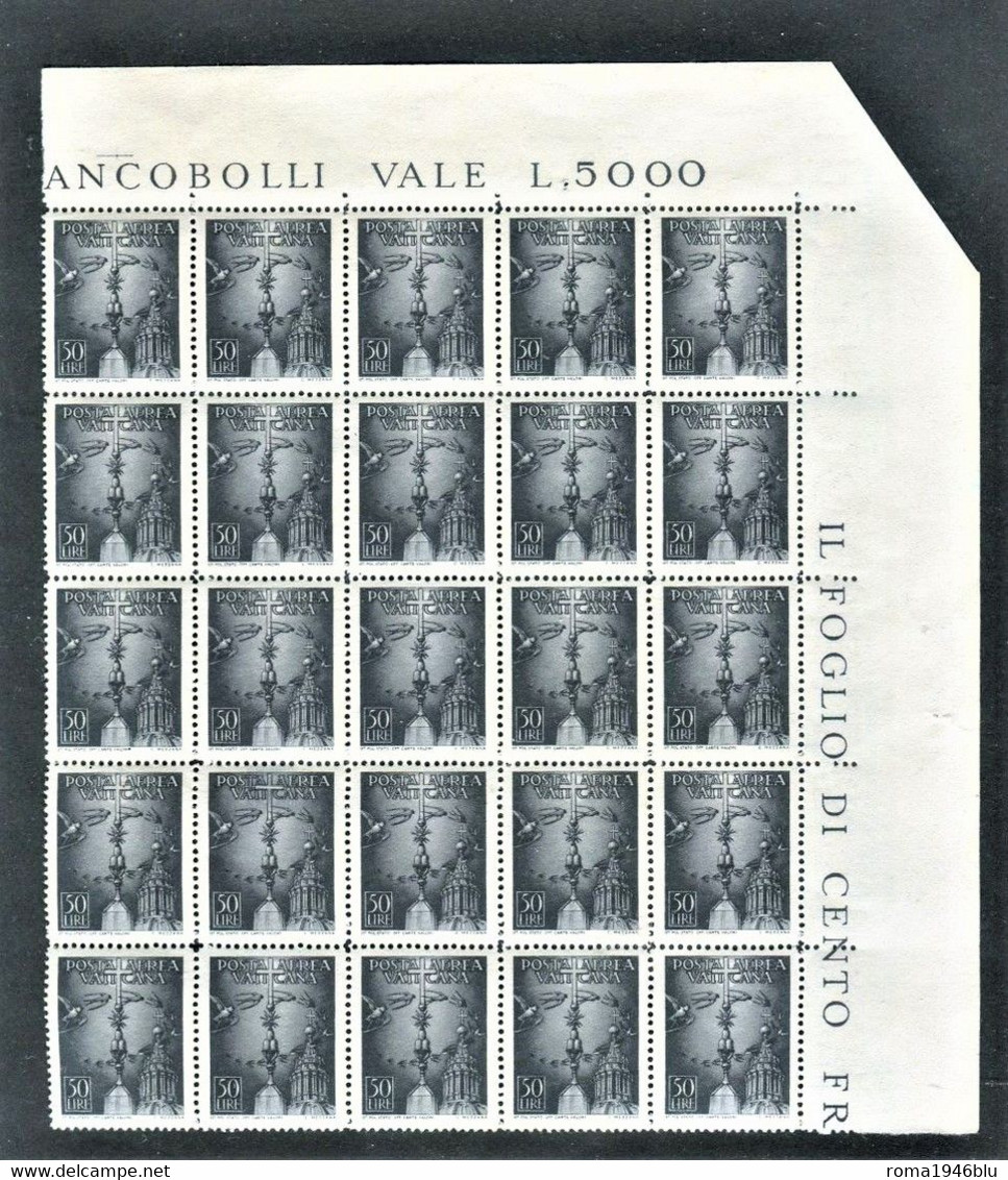 VATICANO 1947 POSTA AEREA SOGGETTI VARI 50 LIRE BLOCCO 25 PEZZI ** MNH TOTALE CAT. 250,00 - Posta Aerea