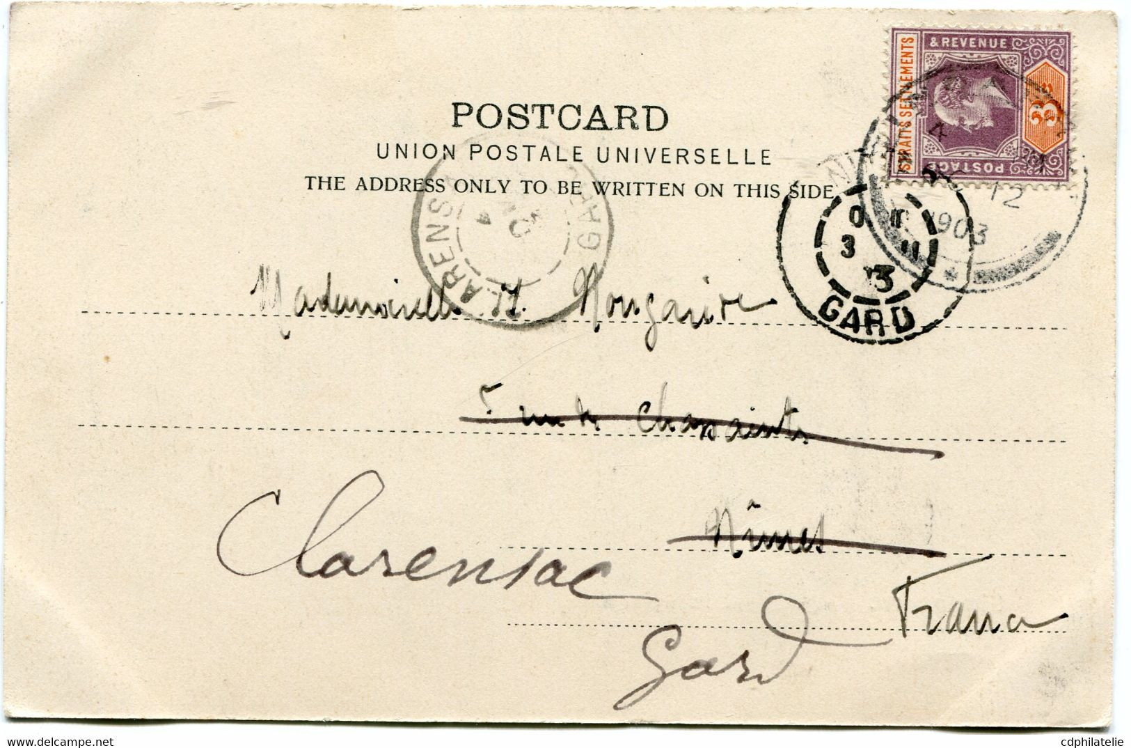 SINGAPOUR CARTE POSTALE -SINGAPORE HONGKONG ET SHANGHAI BANK DEPART SINGAPORE OC 12 1903 POUR LA FRANCE - Singapore (...-1959)