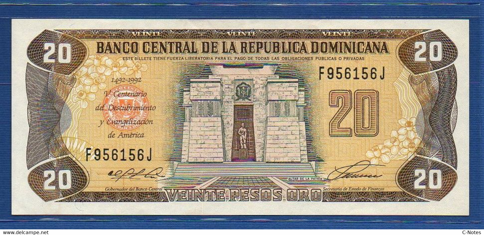 DOMINICAN REPUBLIC - P.139 – 20 Pesos Oro 1992 AUNC, Serie F 956156 J Commemorative Issue - Repubblica Dominicana