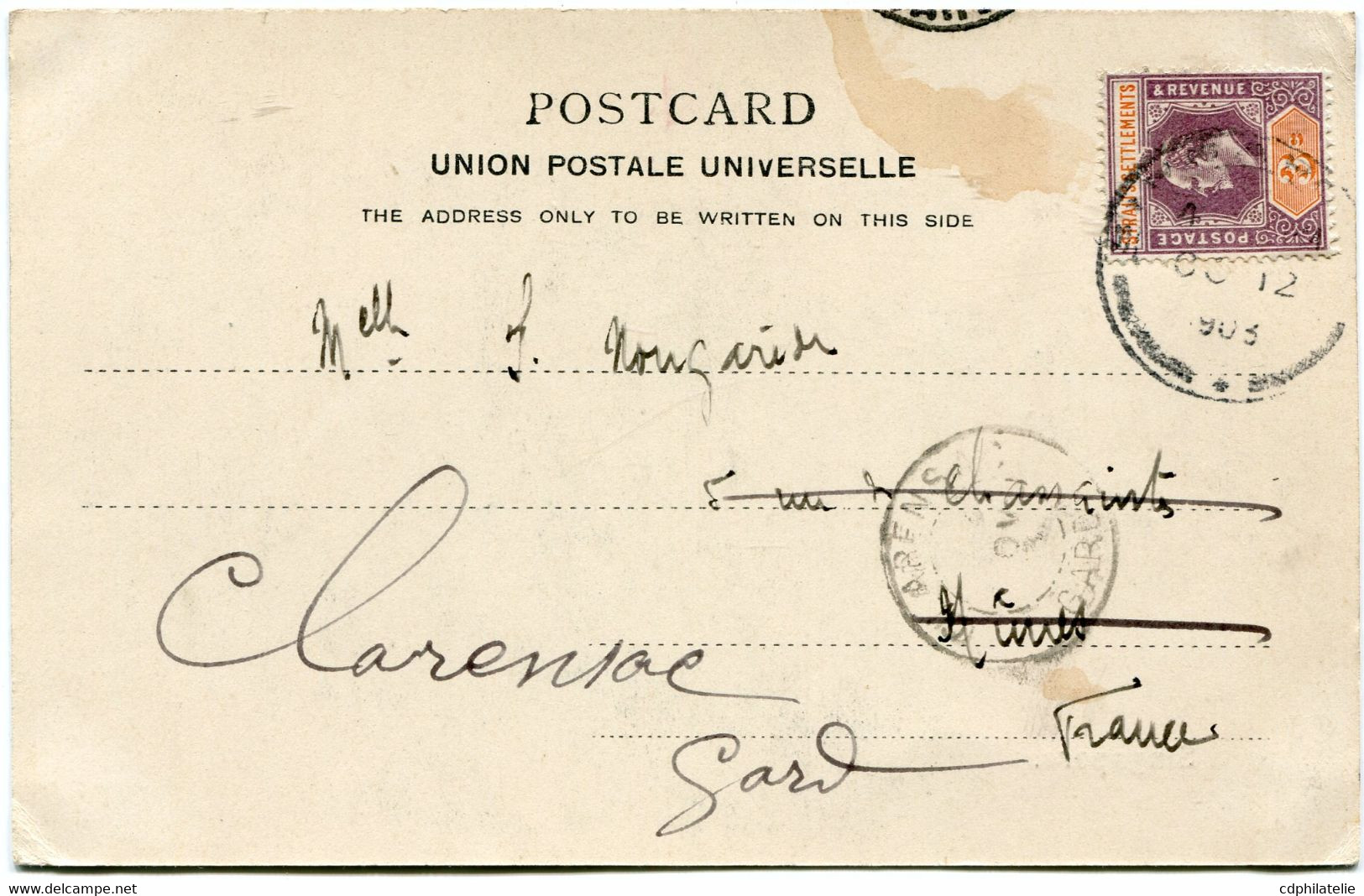 SINGAPOUR CARTE POSTALE -SINGAPORE DEPART SINGAPORE OC 12 1903 POUR LA FRANCE - Singapour (...-1959)