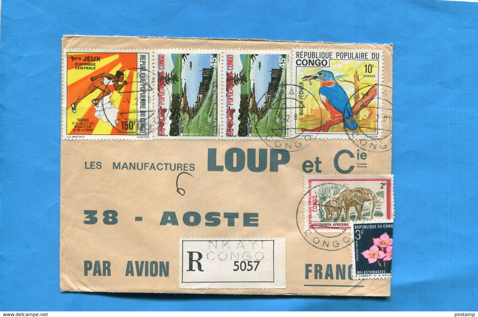 MARCOPHILIE-CONGO-lettre REC  >Françe Cad-NKAYI-1980-6 Stamps N°319+A215 Course à Pieds+556 Yoro +438 Martin Pêcheur - Autres & Non Classés