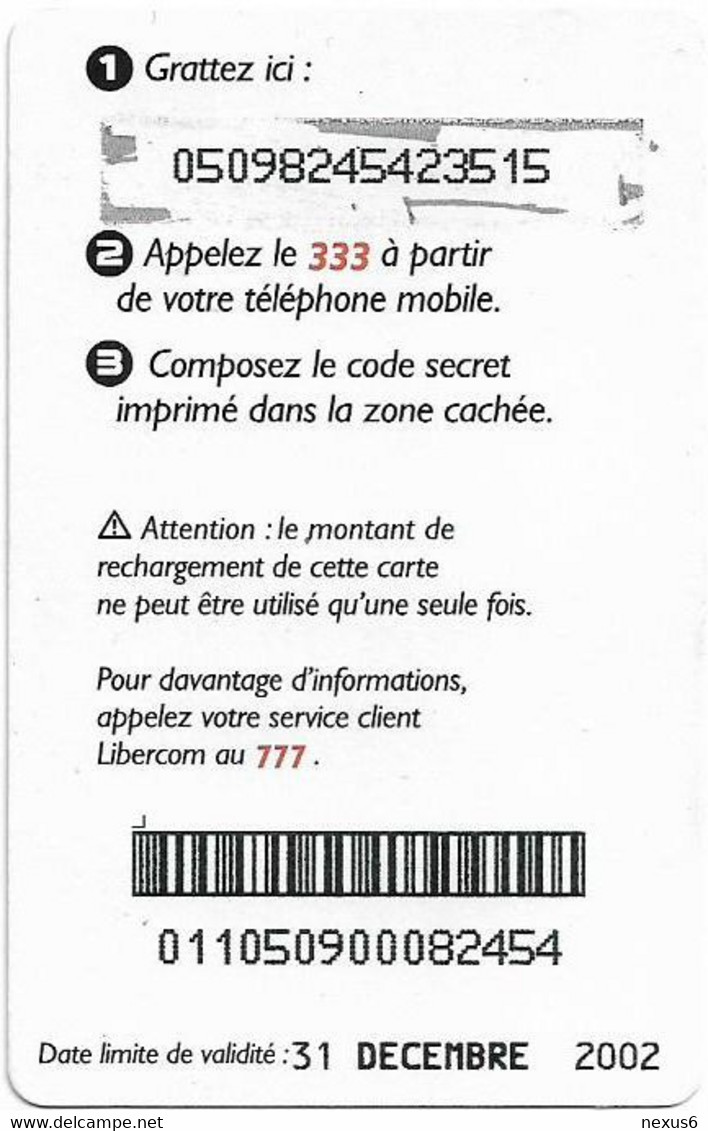 Benin - Libercom - Carte Recharge (Red), Reverse Vertical, Exp.31.12.2002, GSM Refill 5.000CFA, Used - Benin