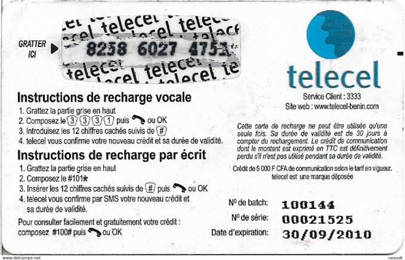 Benin - Mango - Le Jus - (Telecel Reverse), Exp.30.09.2010, GSM Refill 5.000CFA, Used - Bénin