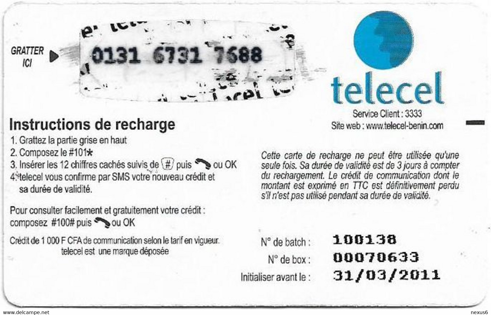 Benin - Telecel Benin - Happy Girl Jumping, No Barcode, Reverse 1, Exp.31.03.2011, GSM Refill 1.000CFA, Used - Bénin