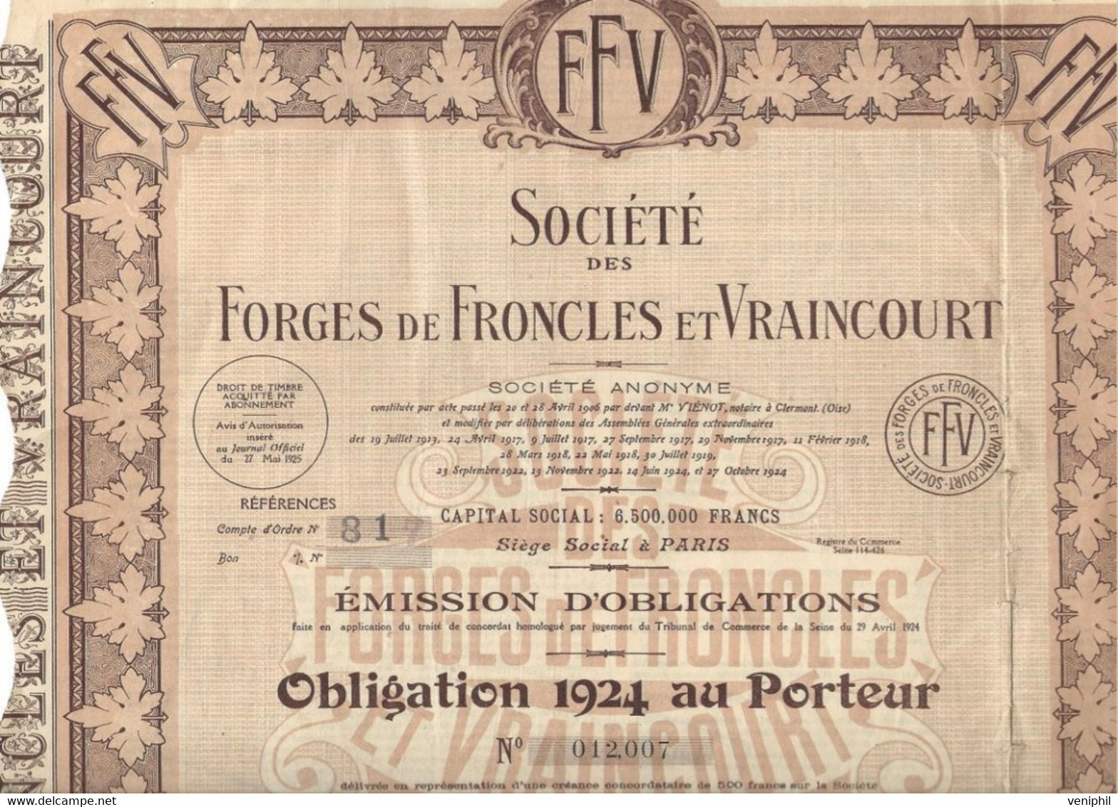 SOCIETE ET DES FORGES DE FRONCLES ET VRAINCOURT - OBLIGATION 1924 - - Industrie
