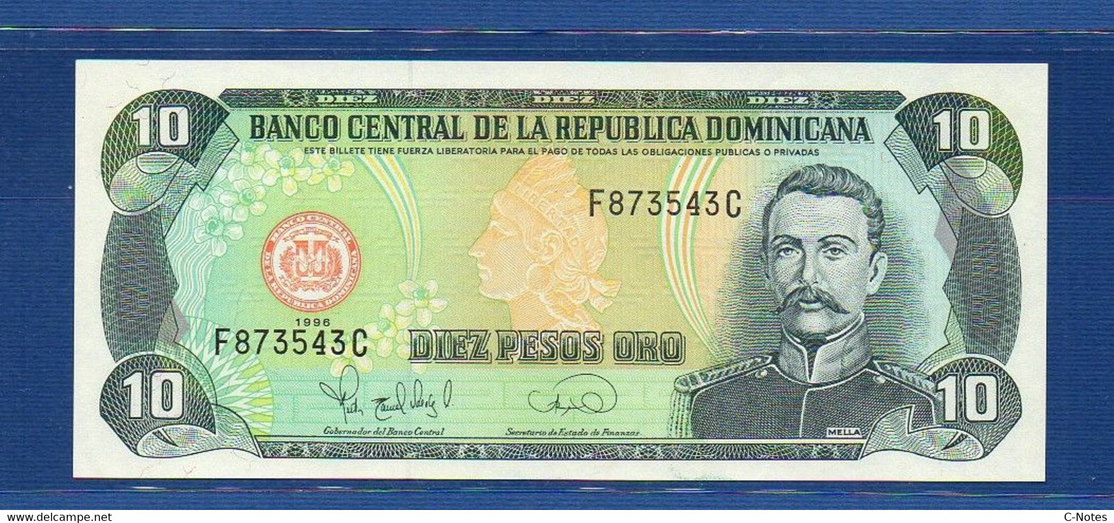 DOMINICAN REPUBLIC - P.153a1 – 10 Pesos Oro 1996 UNC, Serie F 873543 C - Dominicaine