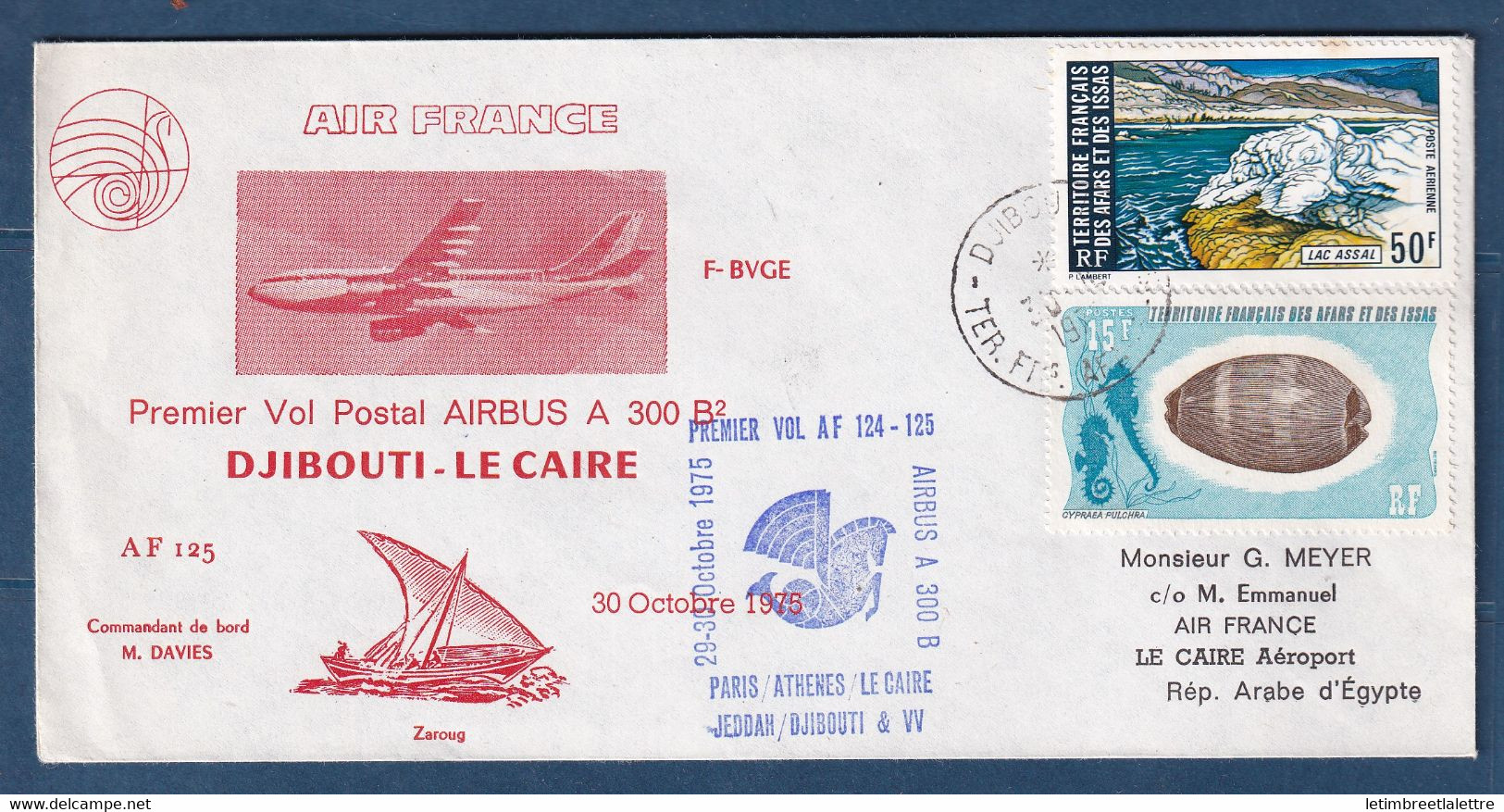 ⭐ Afars Et Issas - Premier Vol Postal Airbus A 300 B - Djibouti Le Caire ( Egypte ) - Air France - 1975 ⭐ - Covers & Documents