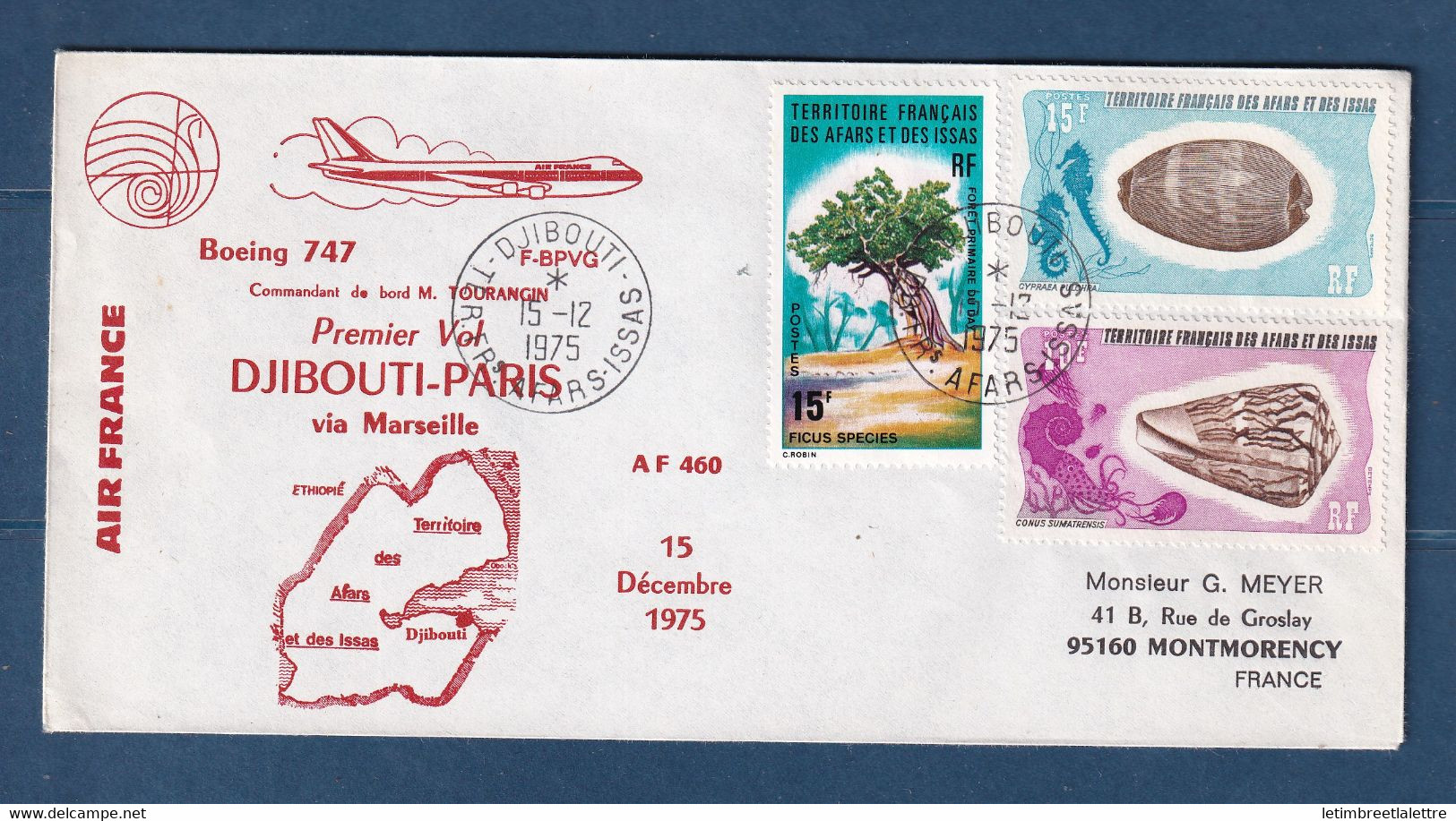 ⭐ Afars Et Issas - Premier Vol Djibouti Paris Via Marseille - Air France - 1975 ⭐ - Covers & Documents