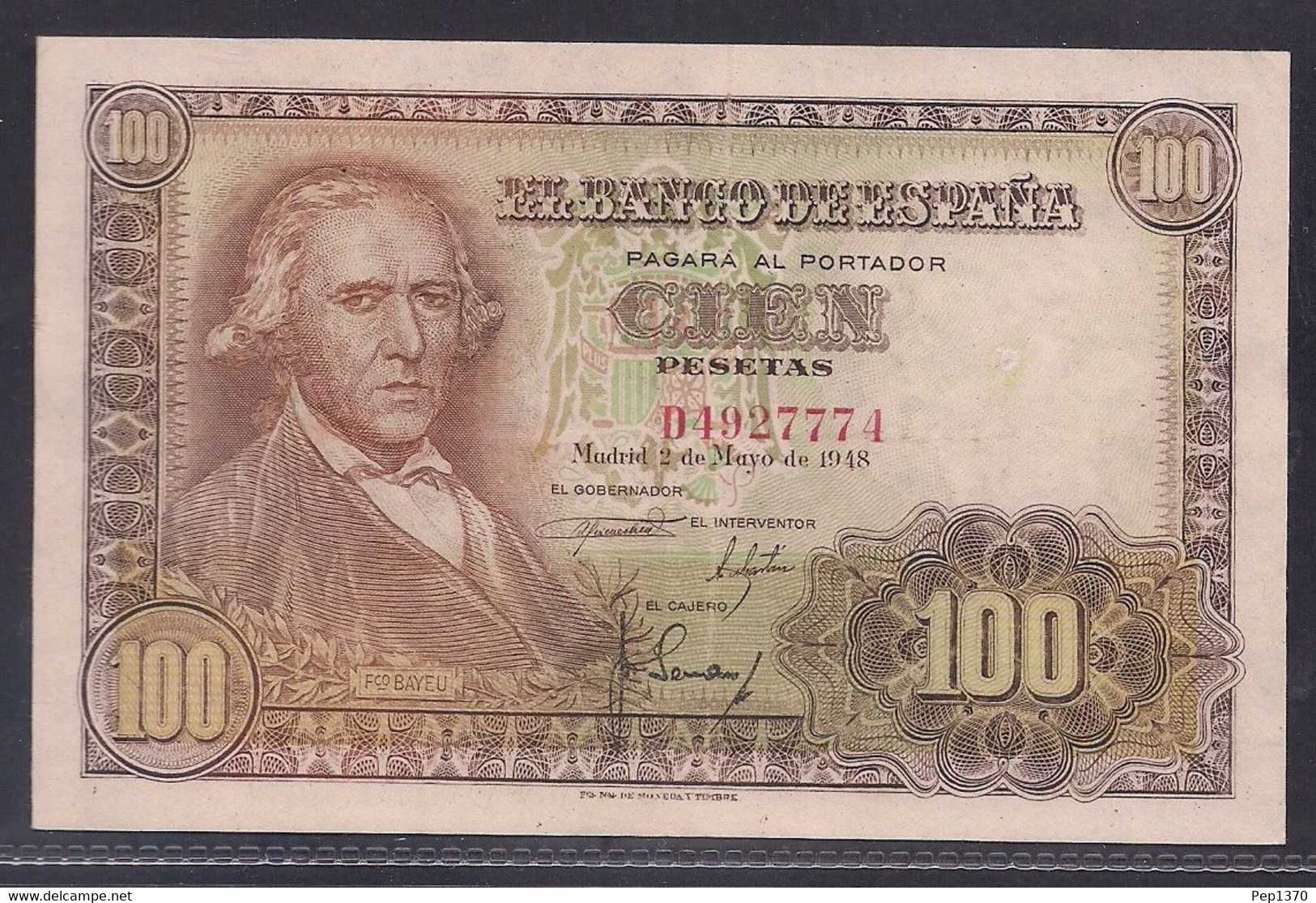 ESPAÑA - BILLETE DE 100 PESETAS DE 1948 DEDICADO A FRANCISCO BAYEU - EXCELENTE - 100 Peseten