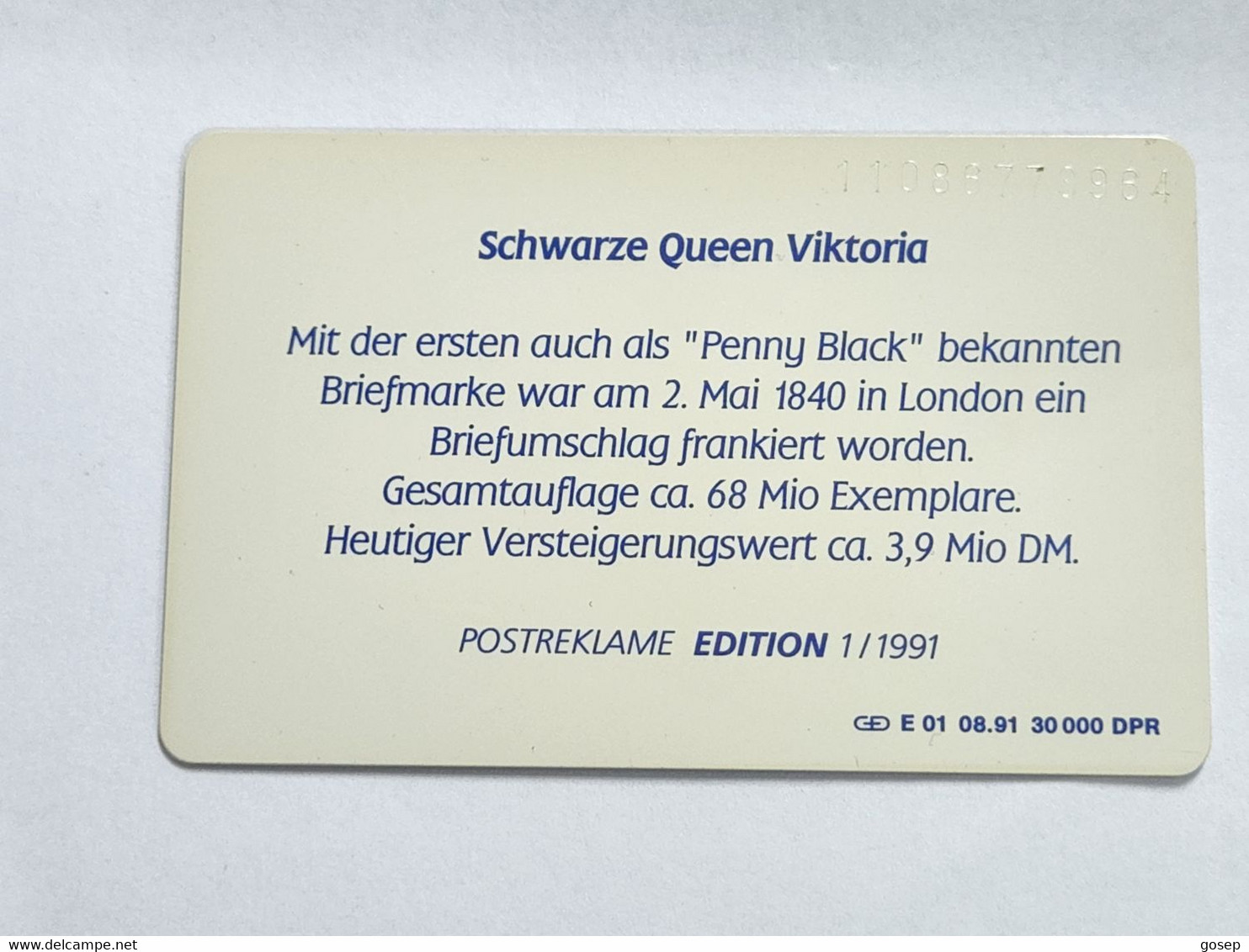 GERMANY-(DE-E-1/91)-Briefmarken1Schwarze Queen Viktoria-(1)-(40units)-(8/91)-(tirage-30.000)used Card+1card Prepiad Free - Sellos & Monedas