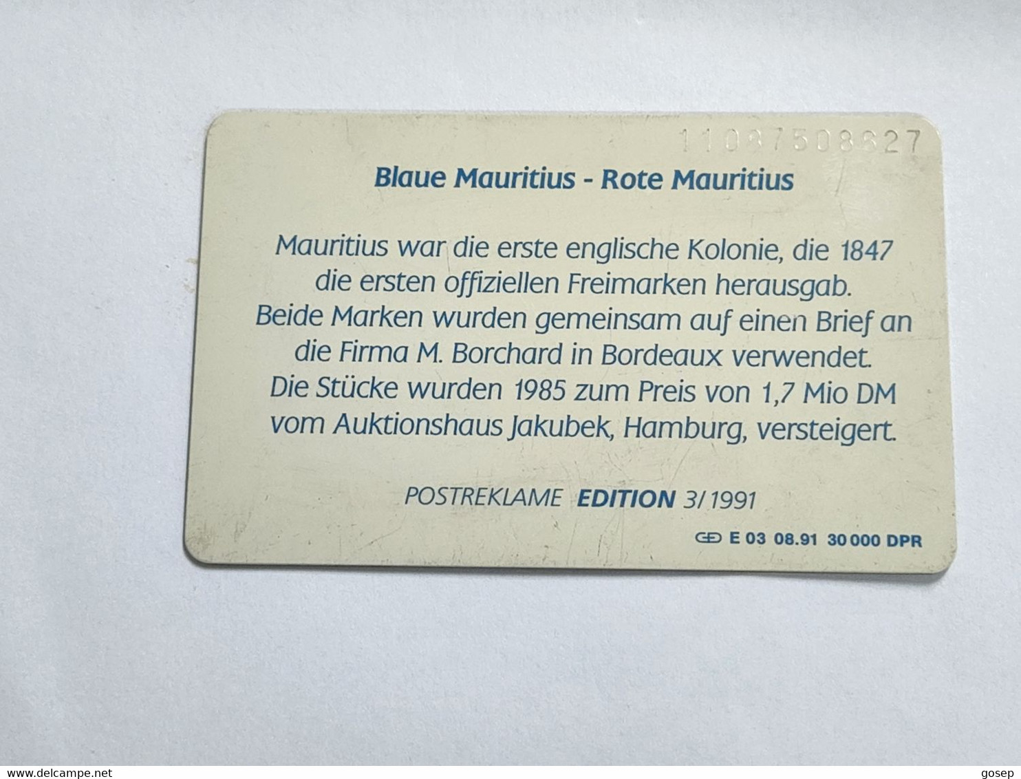 GERMANY-(DE-E-3/91)-Briefmarken 3 Blaue Mauritius-Rote-(2)-(40units)-(8/91)-(tirage-30.000)used Card+1card Prepiad Free - Stamps & Coins