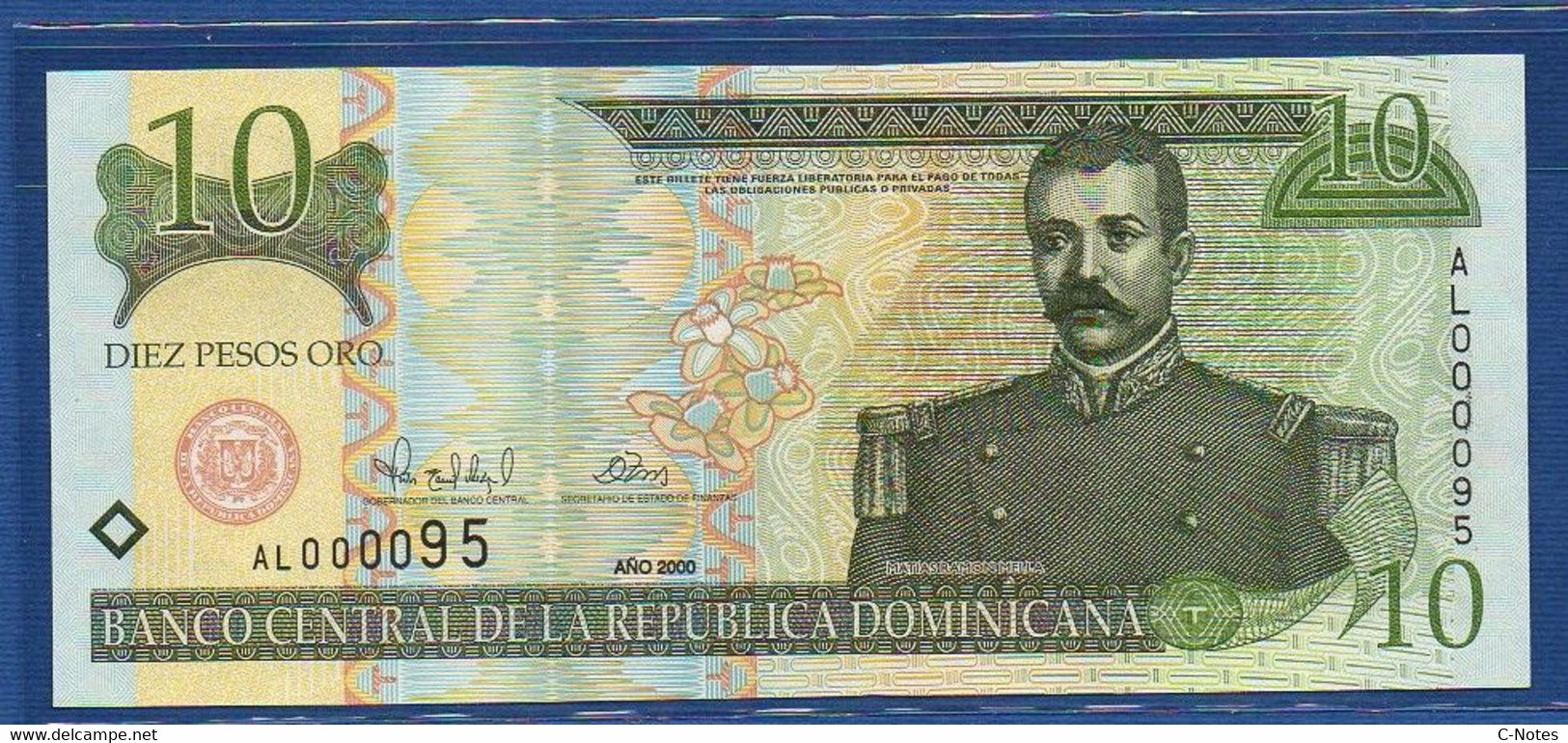 DOMINICAN REPUBLIC - P.165 – 10 Pesos Oro 2000 UNC, Serie AL 000095, Low Serial Number - Dominicana