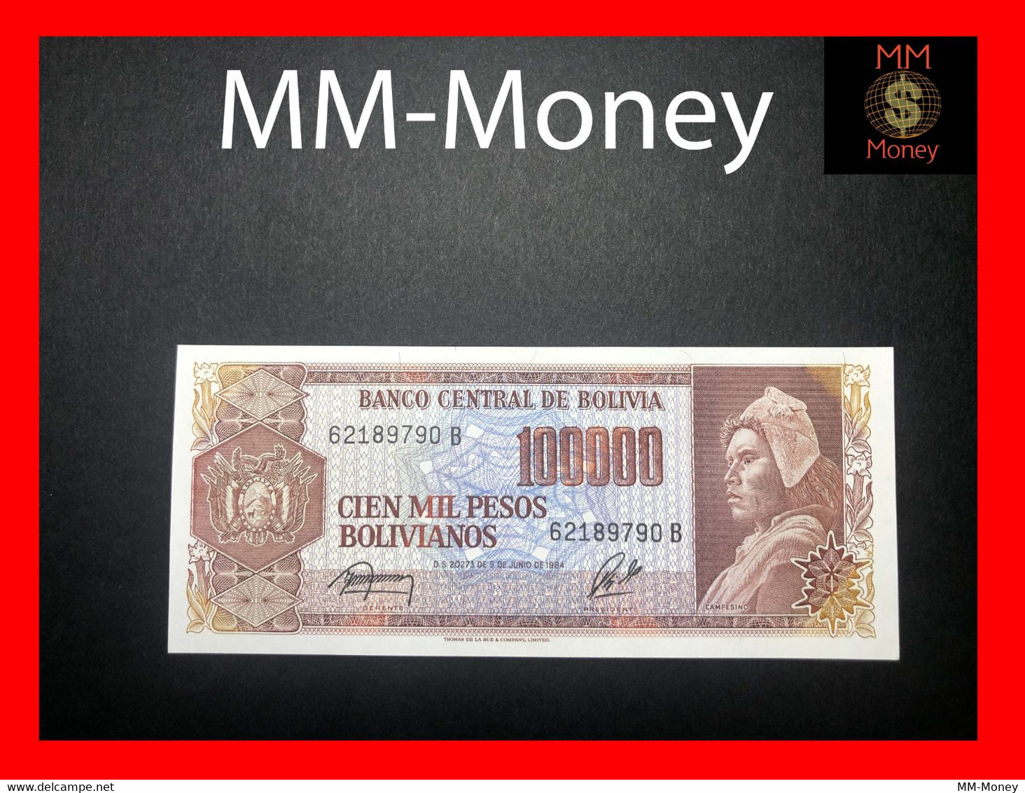 BOLIVIA 10 Cents \ 100.000  100000 Pesos B.os  1987  *error: Print  5 Centavos On Back*  P. 196 A  X 3   UNC - Bolivie