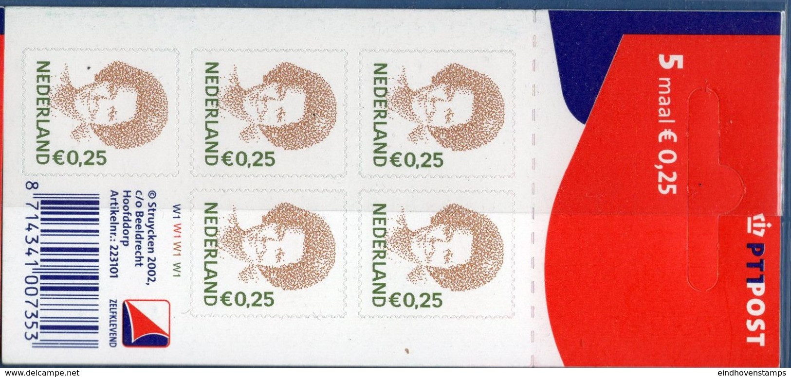 Netherlands 2002, Beatrix 0.25 € Velletje 5 Zegels, PTT Logo,  Sheetlet Of 5 Stamps MNH - Blocs