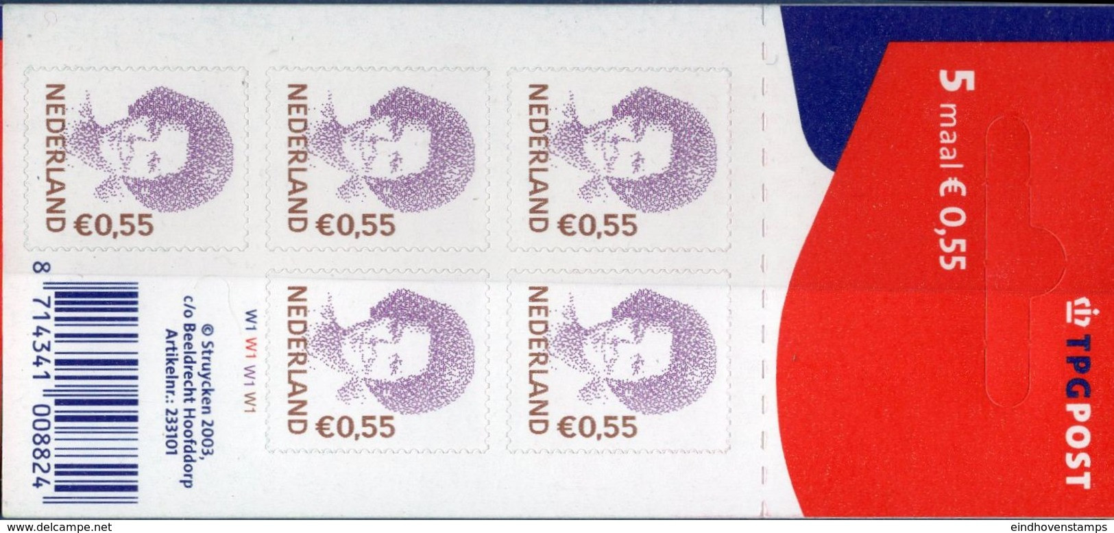 Netherlands 2003, Beatrix 0.55 € Velletje 5 Zegels, TPG Logo,  Sheetlet Of 5 Stamps MNH - Blocs