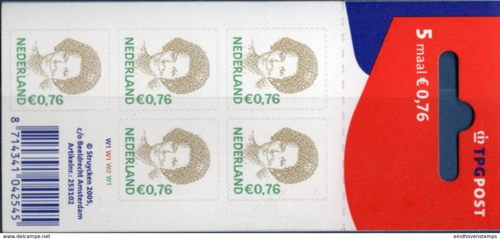 Netherlands 2005, Beatrix 0.76 € Velletje 5 Zegels, TPG Logo,  Sheetlet Of 5 Stamps MNH - Blocs