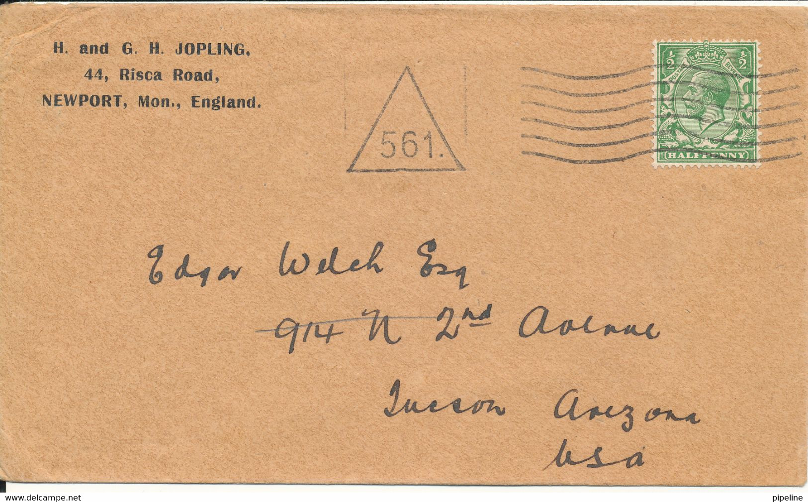 Great Britain Cover Sent To USA With Number 561 In Triangle - Covers & Documents