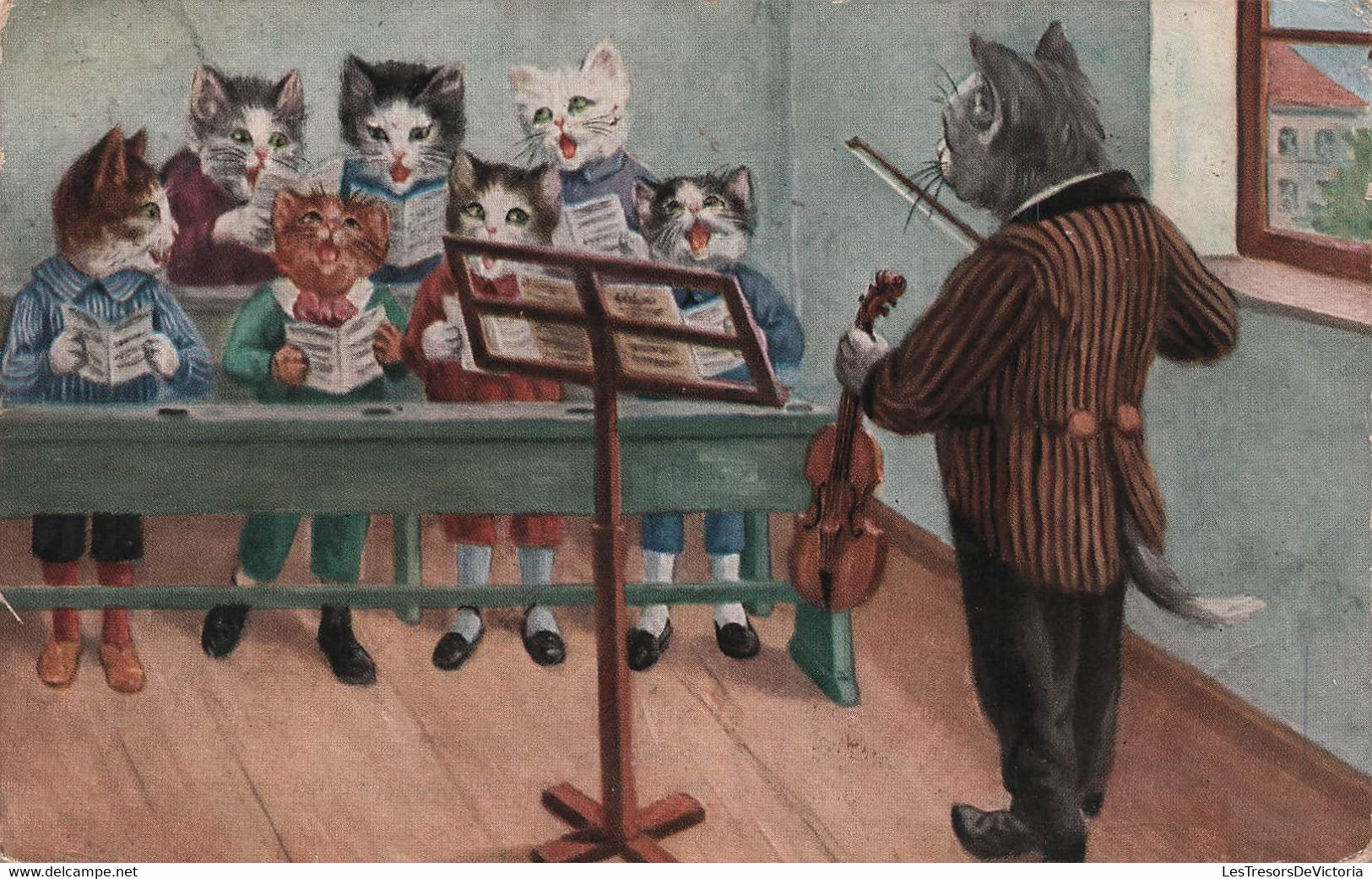 Fantaisie - CHATS - Animaux Habillés - Chorale - Cours De Chant - Violon - Carte Postale Ancienne - - Geklede Dieren