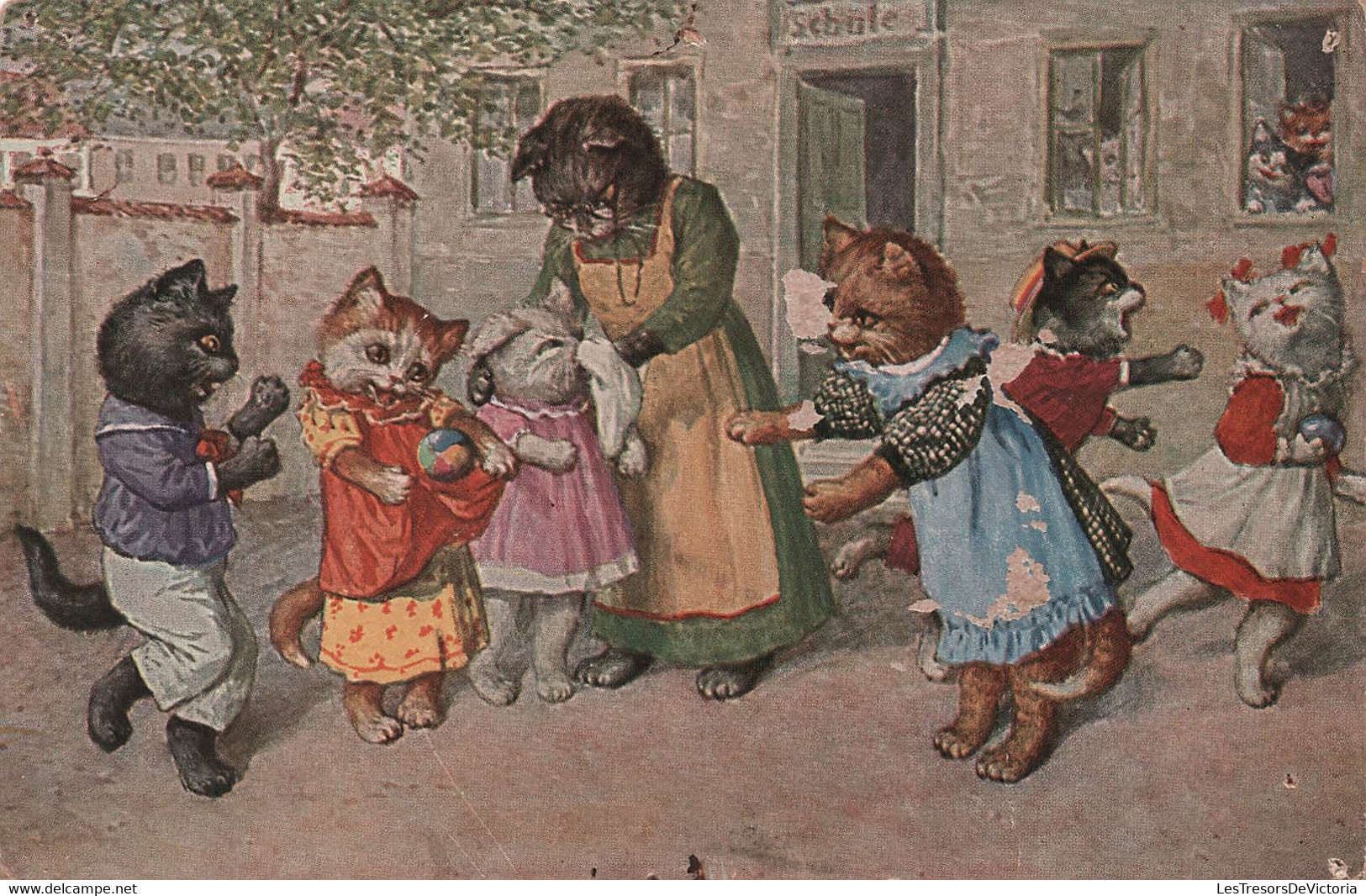 Fantaisie - CHATS - Animaux Habillés - Chats En Cours De Recreation - Carte Postale Ancienne - - Animaux Habillés