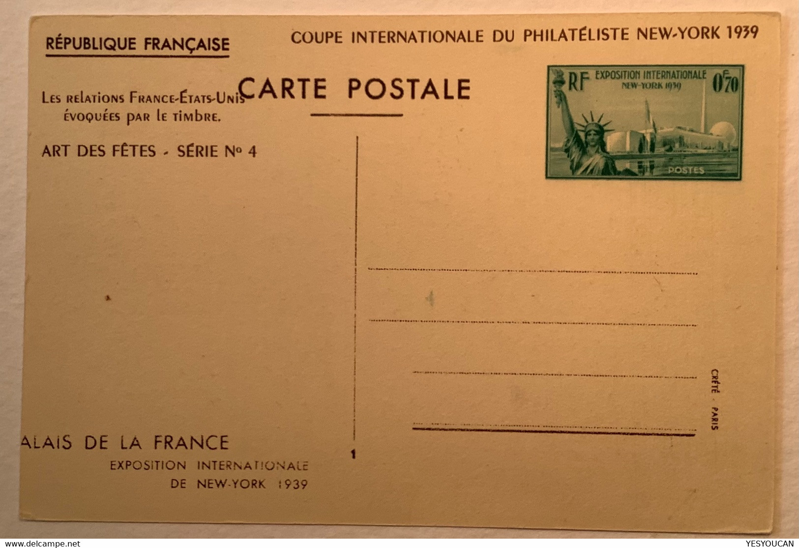 1939 France Entier Postal VARIÉTÉ RARE 0,70 EXPOSITION INTERNATIONALE NEW YORK "coupe Du Philateliste"(Statue Of Liberty - Standaardpostkaarten En TSC (Voor 1995)