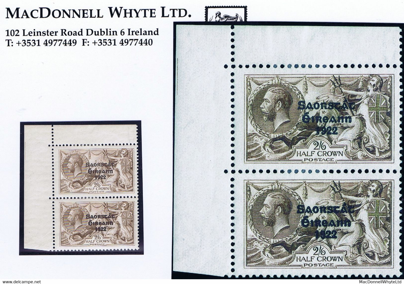 Ireland 1925 Narrow Date Saorstat Ovpt On Seahorse 2s 6d Brown Corner Pair, "Needle-eye Accent" Mint Hinged - Ungebraucht