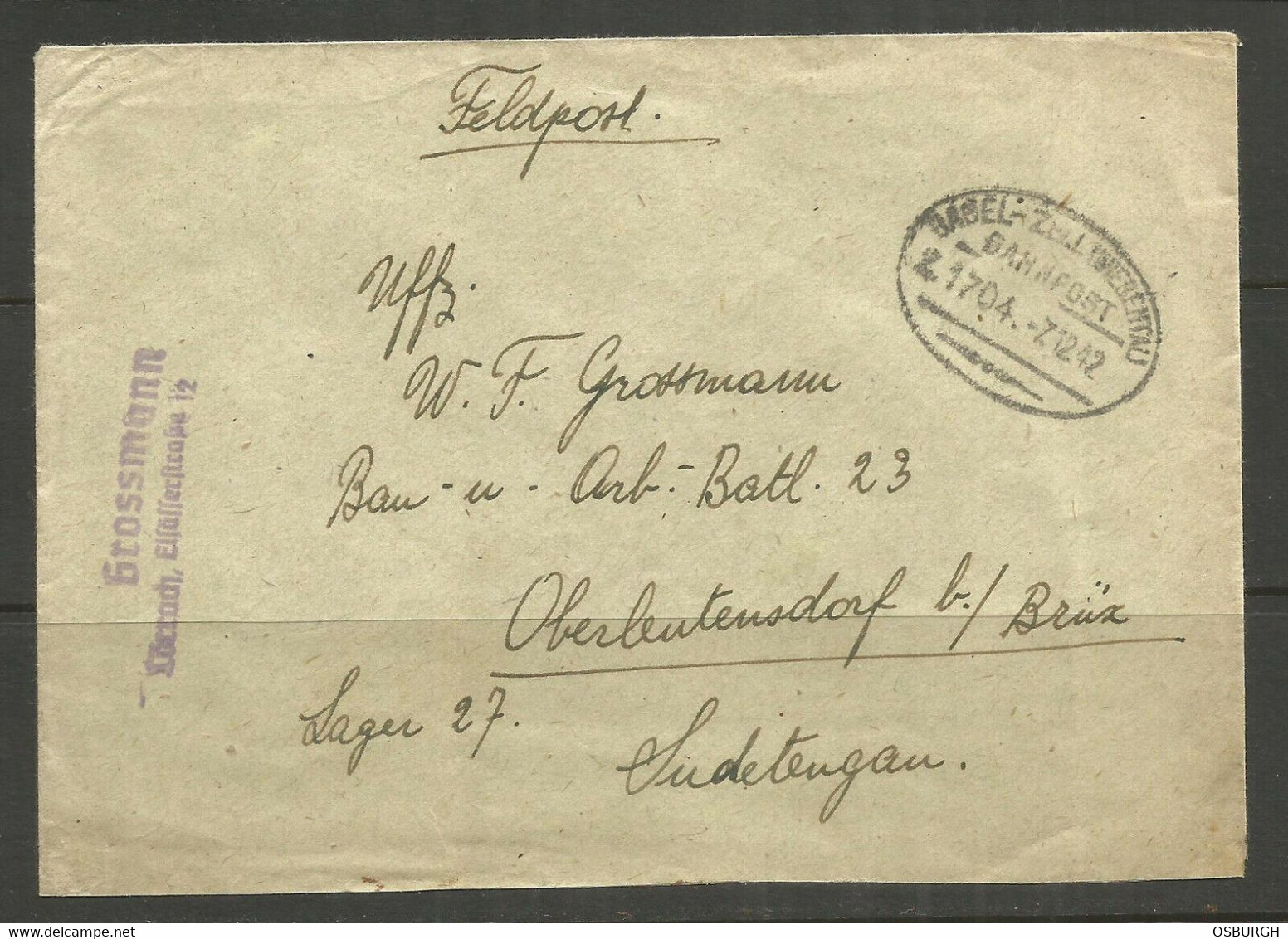 GERMANY. WW2. 1942. FELDPOST. COVER.  BASEL TO ZELL WEISSENTAL ZUG 1704 TPO RAILWAY POSTMARK. LORRACH TO OBERLEUTENSDORF - Covers & Documents