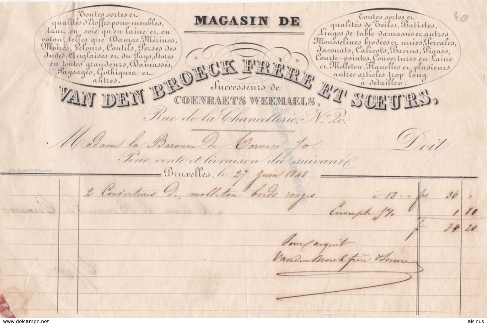 BRUXELLES - FACTURE DE 1848 ADRESSEE A MADAME LA BARONNE DE TORNARO - MAGASIN VAN DEB BROECK FRERE ET SOEURS - Kleding & Textiel