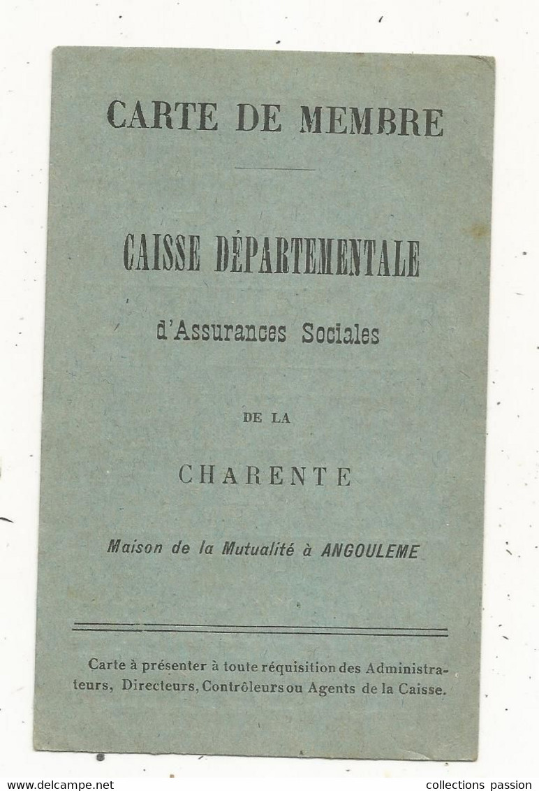 Carte De Membre,caisse Départementale D'assurances Sociales De La CHARENTE, Angoulème ,  1945 - Lidmaatschapskaarten