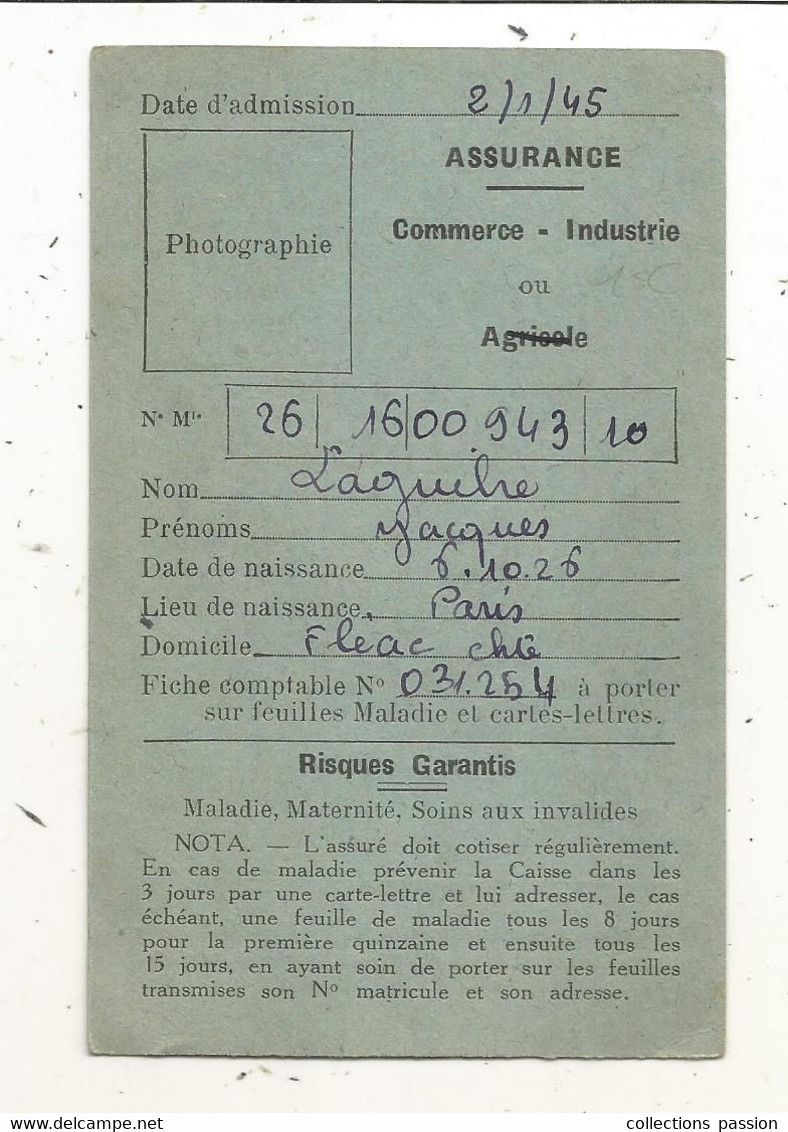 Carte De Membre,caisse Départementale D'assurances Sociales De La CHARENTE, Angoulème ,  1945 - Tessere Associative
