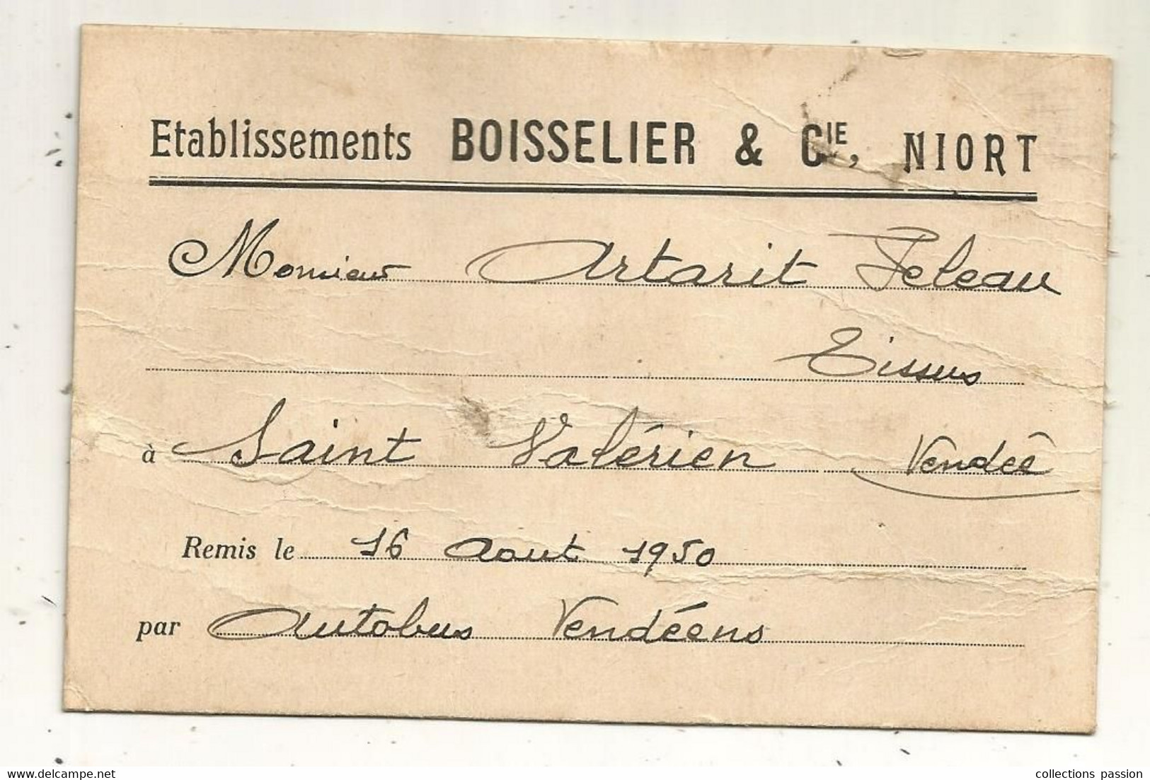 Carte De Remise Par AUTOBUS VENDEENS,  établissements BOISSELIER & Cie , NIORT,  1950 - Ohne Zuordnung