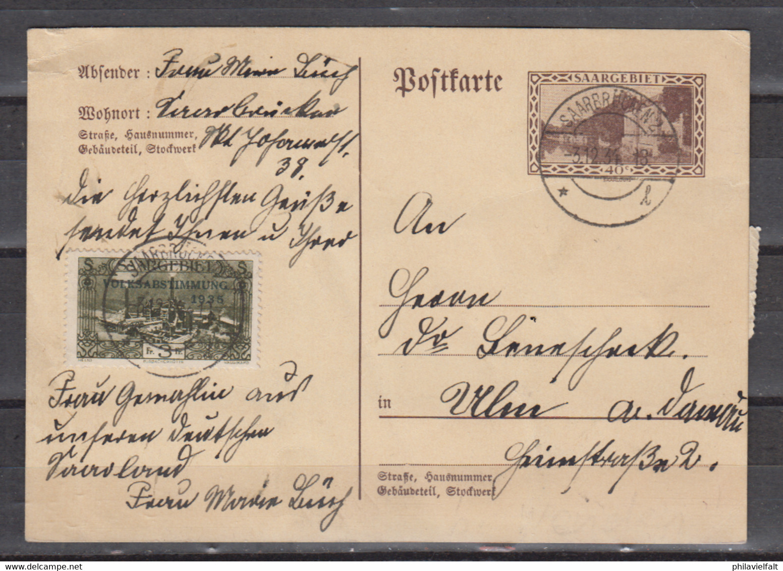 Saargebiet GZS MiNo. P 30 ZuF  Aus 179 Bis 192  Saarbrücken/3.12.34 Nach Ulm, - Postal Stationery