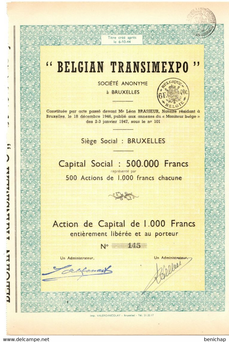 Belgian Transimexpo S.A. - Action De Capital De 1000 Frs. - Bruxelles 1947. - Transport