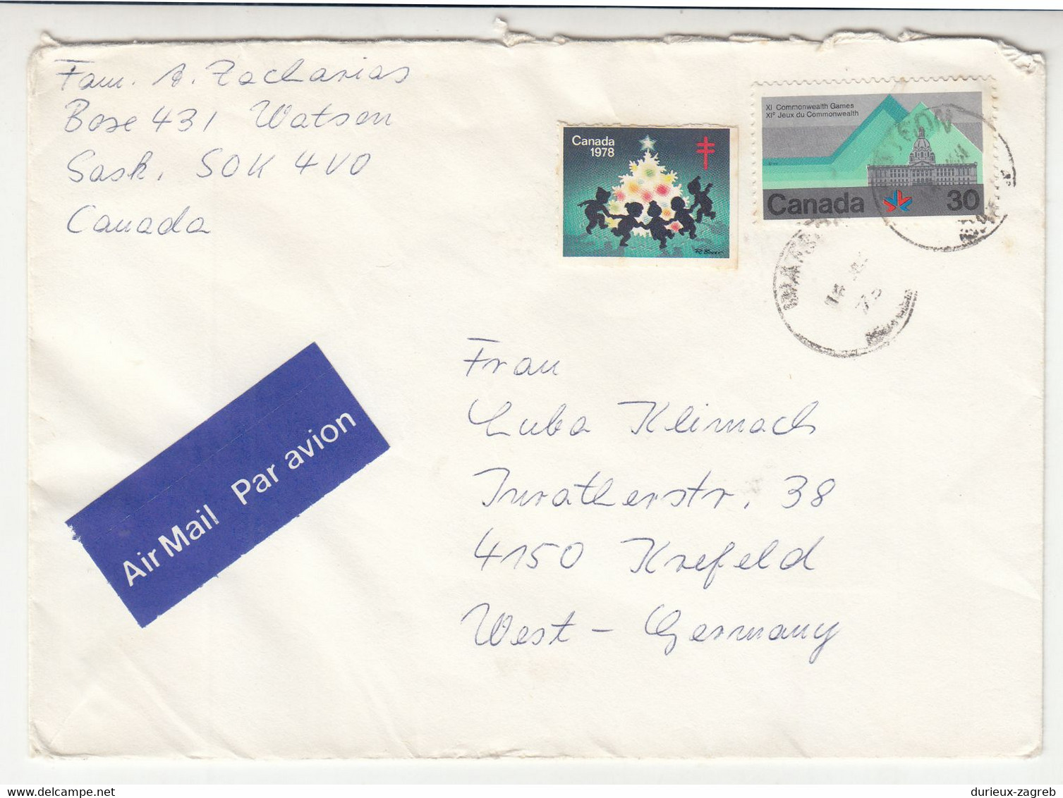 Canada Christmas Seal On Two Letter Covers Posted Watson (Sask.) 1978 & 1982 Pmks B230205 - Werbemarken (Vignetten)