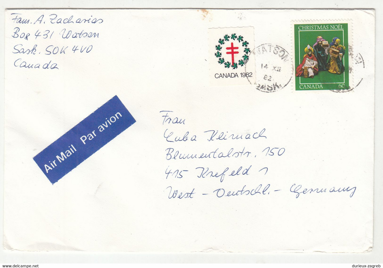 Canada Christmas Seal On Two Letter Covers Posted Watson (Sask.) 1978 & 1982 Pmks B230205 - Werbemarken (Vignetten)