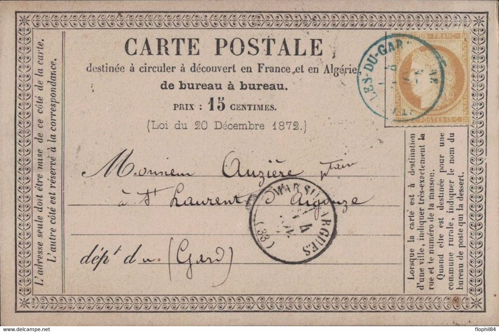 GARD - ST GILLES DU GARD - CAD BLEU - CERES 15c SEUL SUR CP PRECURSEUR - LE 4-11-1874 - RARE. - Cartes Précurseurs