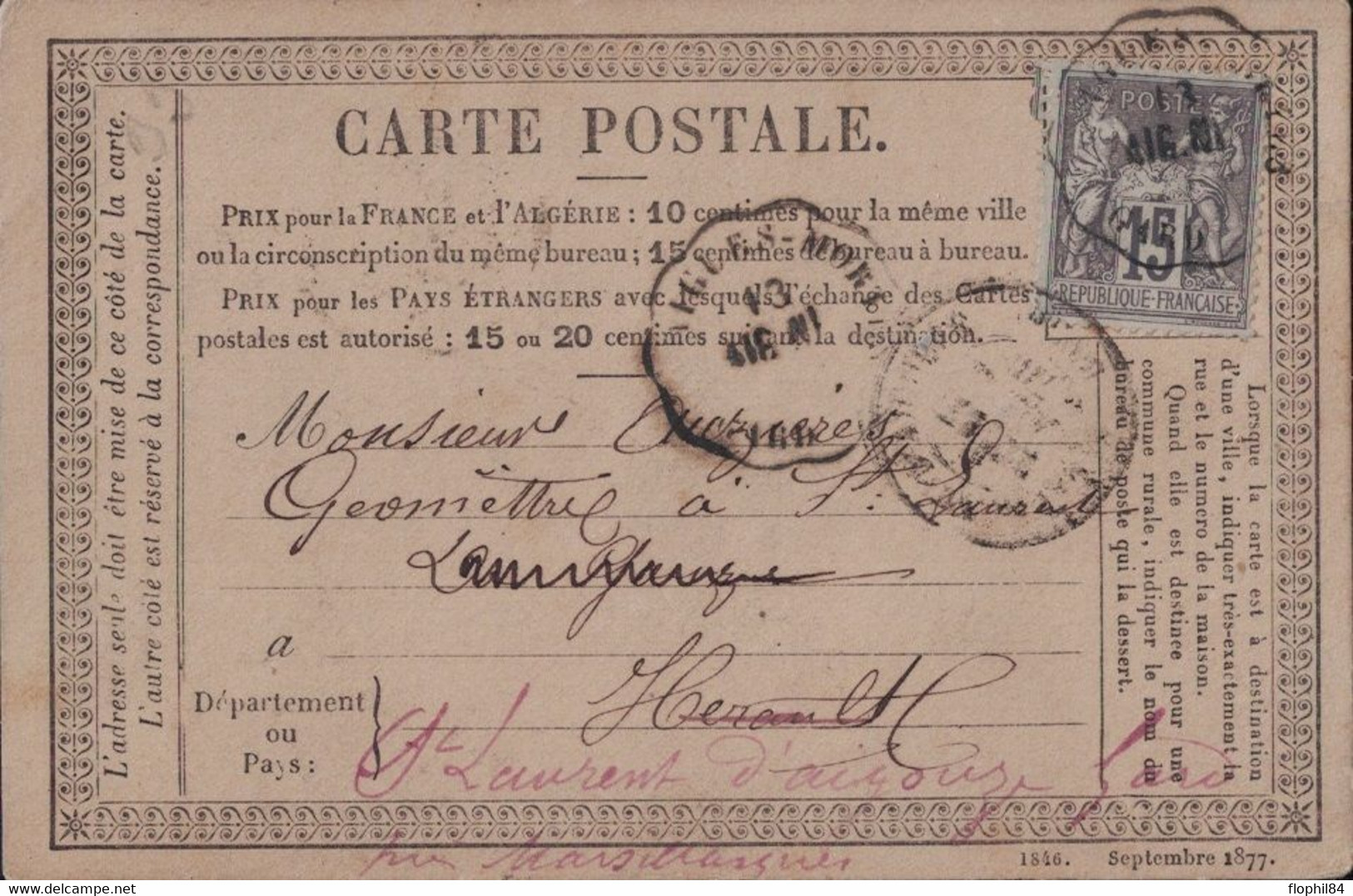 GARD - AIGUES-MORTE - CONVOYEUR STATION - AIG.NI . TYPE SAGE SUR CARTE PRECURSEUR - INDICE 18 - COTE 340€ - Precursor Cards