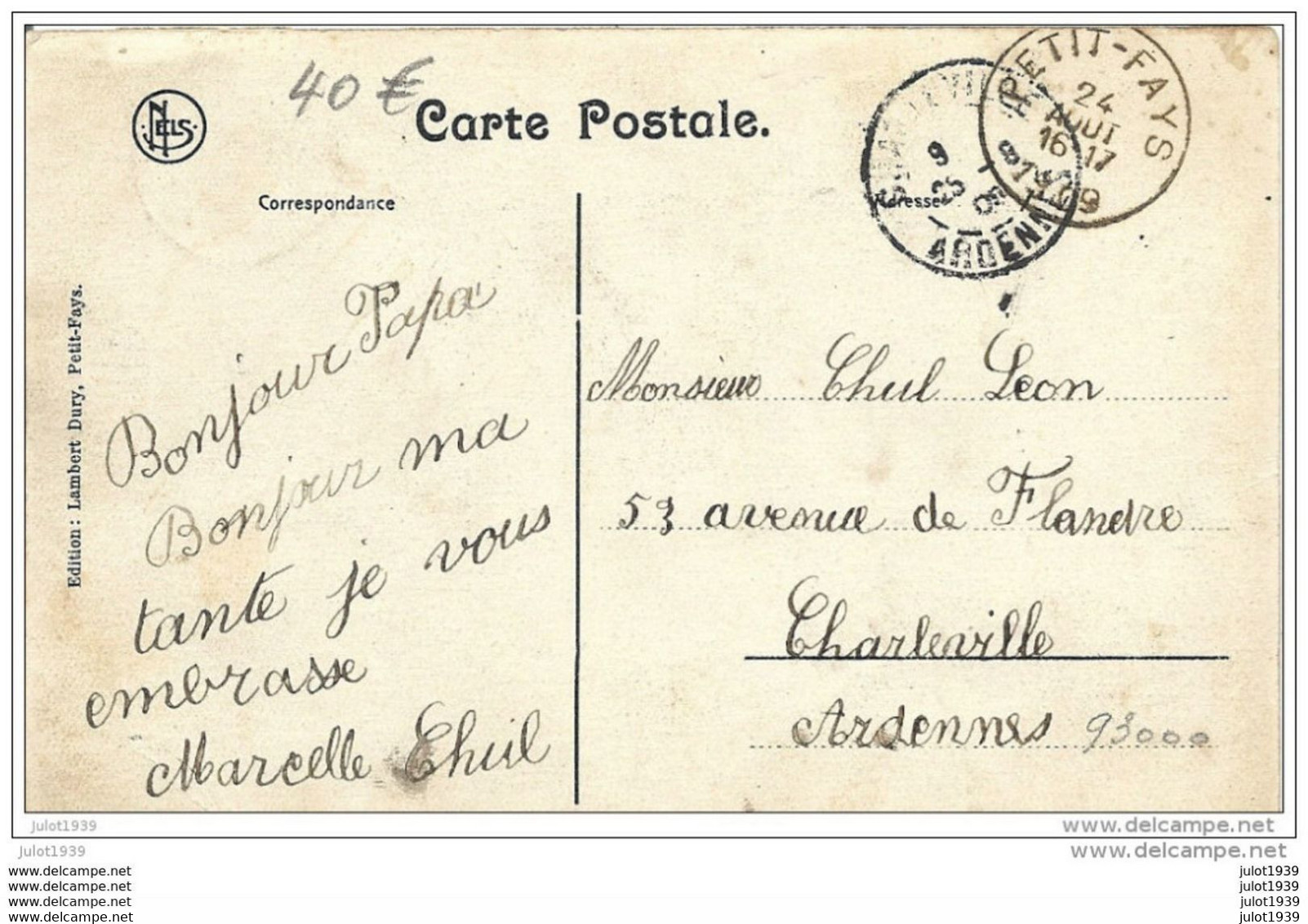 PETIT - FAYS ..-- Hôtel LAMBERT - DURY . 1909 Vers CHARLEVILLE ( Mr CHUL Léon ) . Voir Verso . - Bièvre