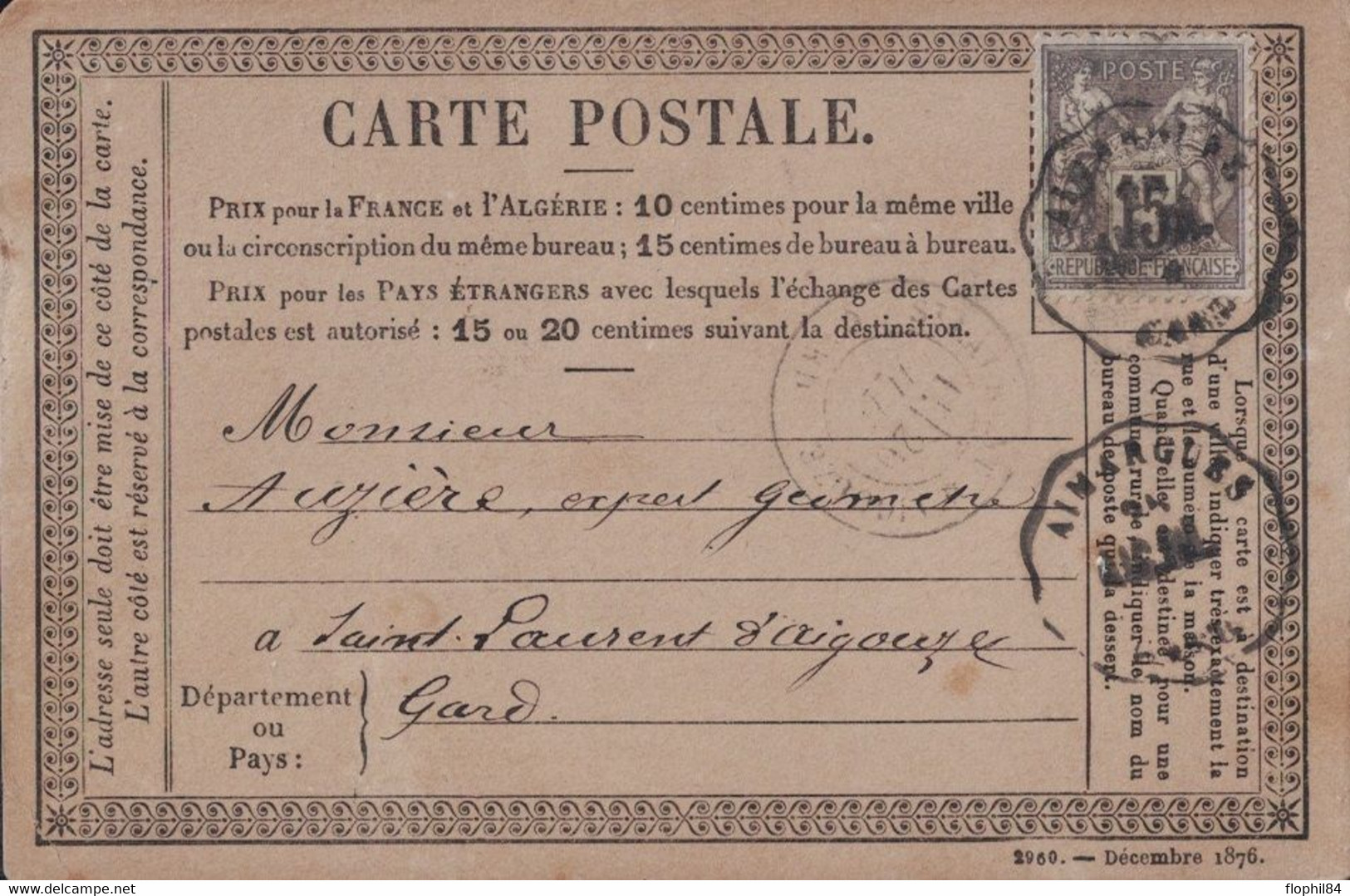 GARD - AIMARGUES - CONVOYEUR STATION - AIG.NI . TYPE SAGE SUR CARTE PRECURSEUR - INDICE 19 - COTE 420€ - Precursor Cards