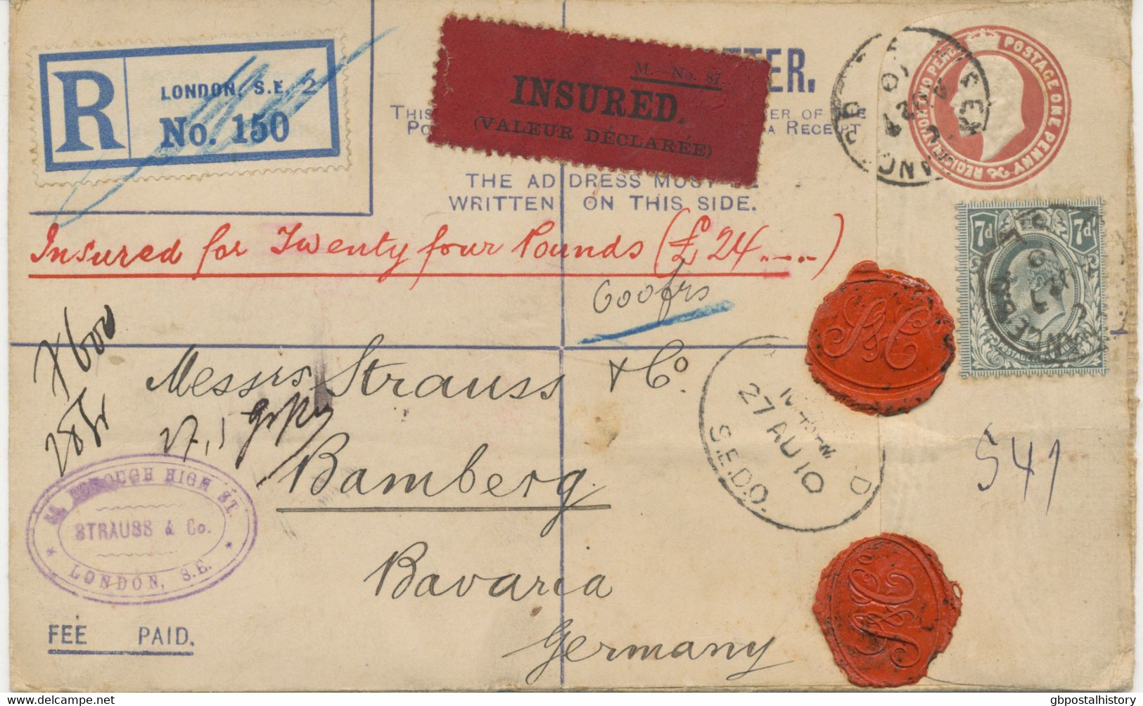 GB 1910 Superb EVII 3d Postal Stationery Registered Envelope Format G Uprated With EVII De La Rue 7d (the 7d Is The Rare - Brieven En Documenten