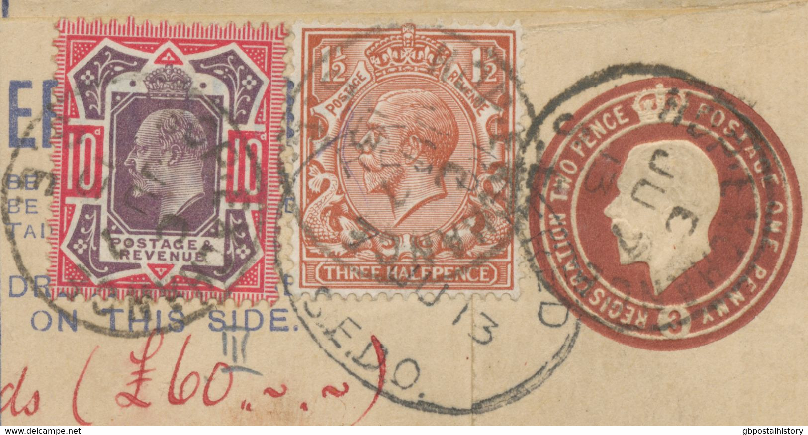 GB 1913, Superb GV 3d Postal Stationery Registered Envelope Format G Uprated With EVII Somerset House 10d And GV 1½d - Lettres & Documents