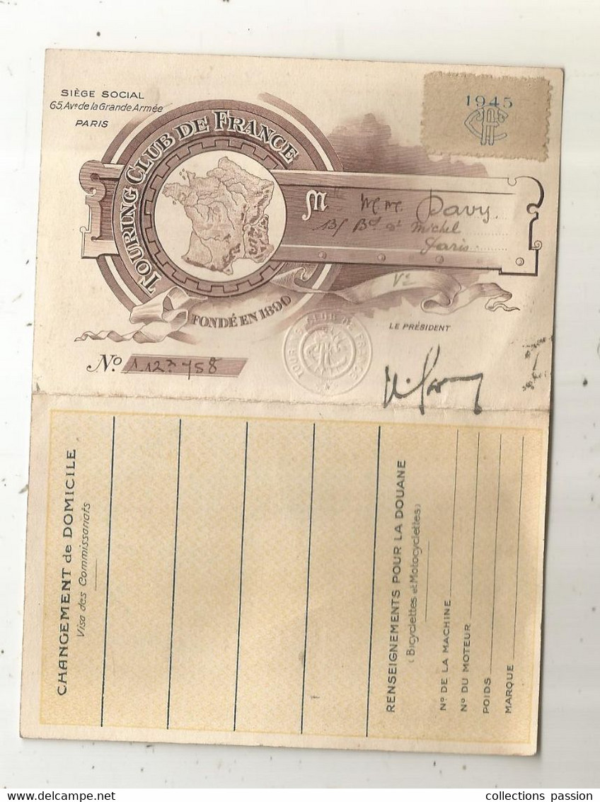 Carte De Membre ,TOURING CLUB DE FRANCE ,1945, Timbrée, 2 Scans - Lidmaatschapskaarten
