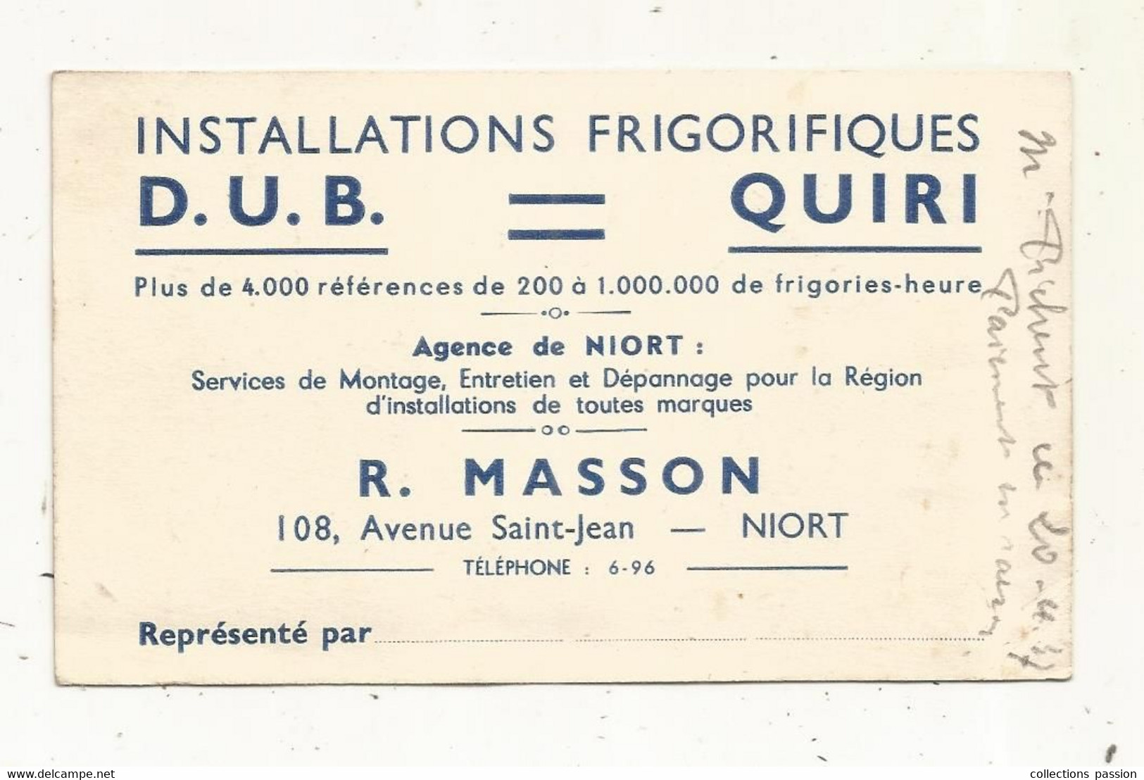 Carte De Visite, Installations Frigorifiques ,D.U.B ,QUIRI ,R. MASSON ,NIORT - Tarjetas De Visita