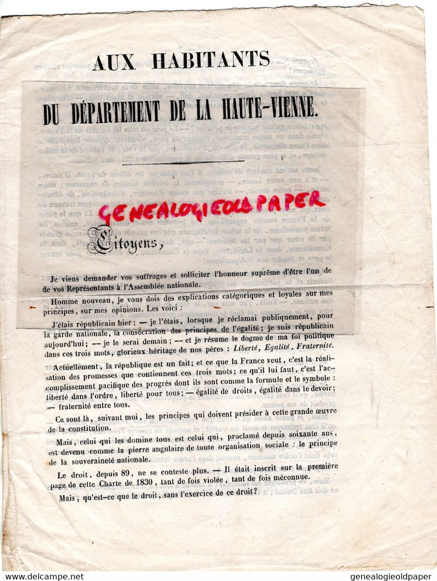 87- LIMOGES -LETTRE EUGENE DESCOUTURES AUX HABITANTS HAUTE VIENNE-POLITIQUE 20 MARS 1848-ASSEMBLEE NATIONALE -ARDILLIER - Historische Dokumente