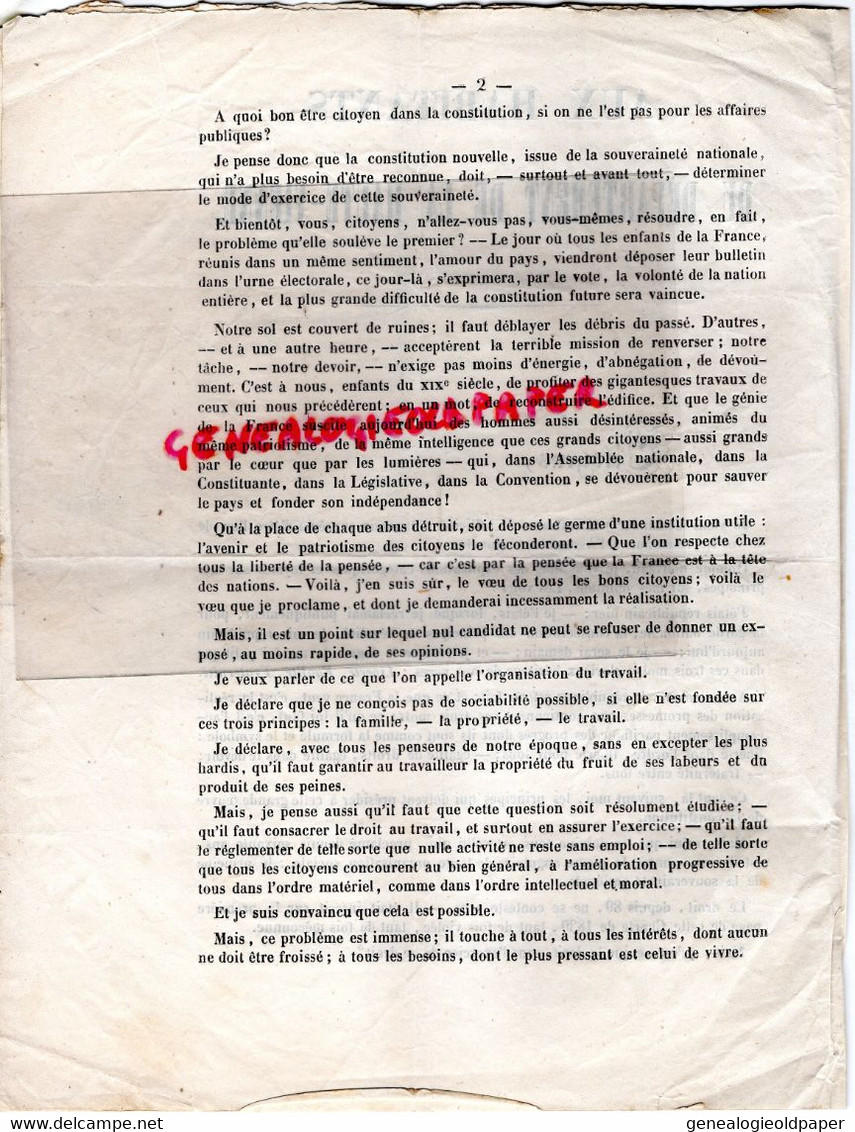 87- LIMOGES -LETTRE EUGENE DESCOUTURES AUX HABITANTS HAUTE VIENNE-POLITIQUE 20 MARS 1848-ASSEMBLEE NATIONALE -ARDILLIER - Historische Dokumente