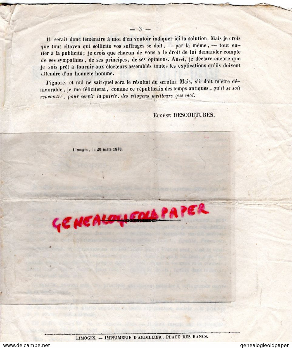 87- LIMOGES -LETTRE EUGENE DESCOUTURES AUX HABITANTS HAUTE VIENNE-POLITIQUE 20 MARS 1848-ASSEMBLEE NATIONALE -ARDILLIER - Historische Dokumente