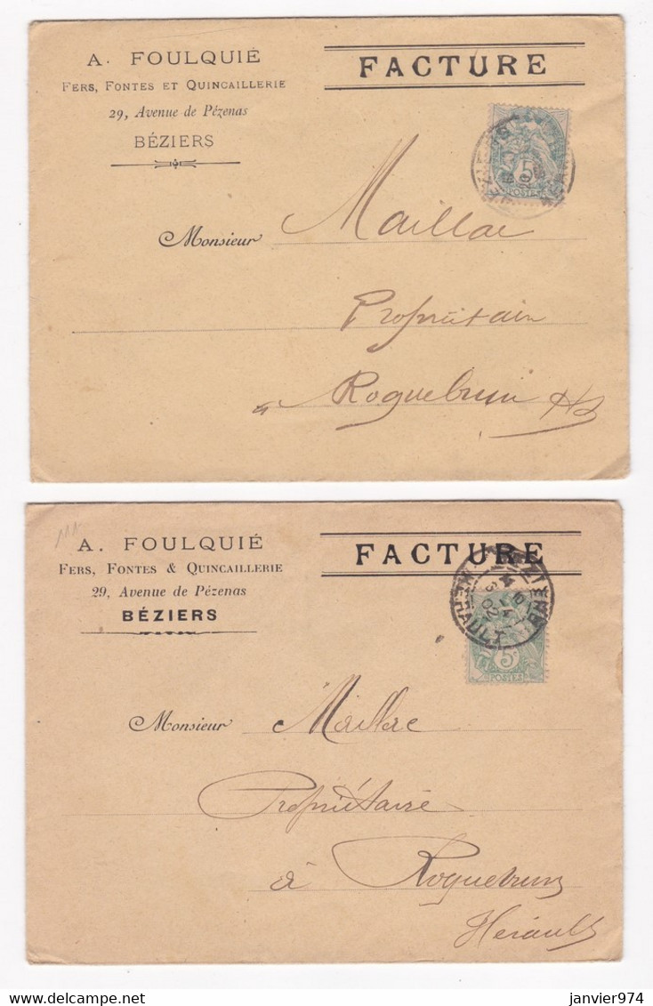 2 Enveloppes 1902, A, FOULQUIE  Fers, Fontes Et Quincaillerie  Béziers Hérault - Covers & Documents