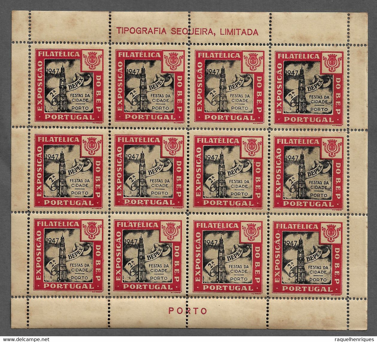 PORTUGAL STAMP - VINHETA EXP. FILATELICA FESTAS DA CIDADE DO PORTO 1947 - SHEET OF 12 (CX#B1-27) - Neufs