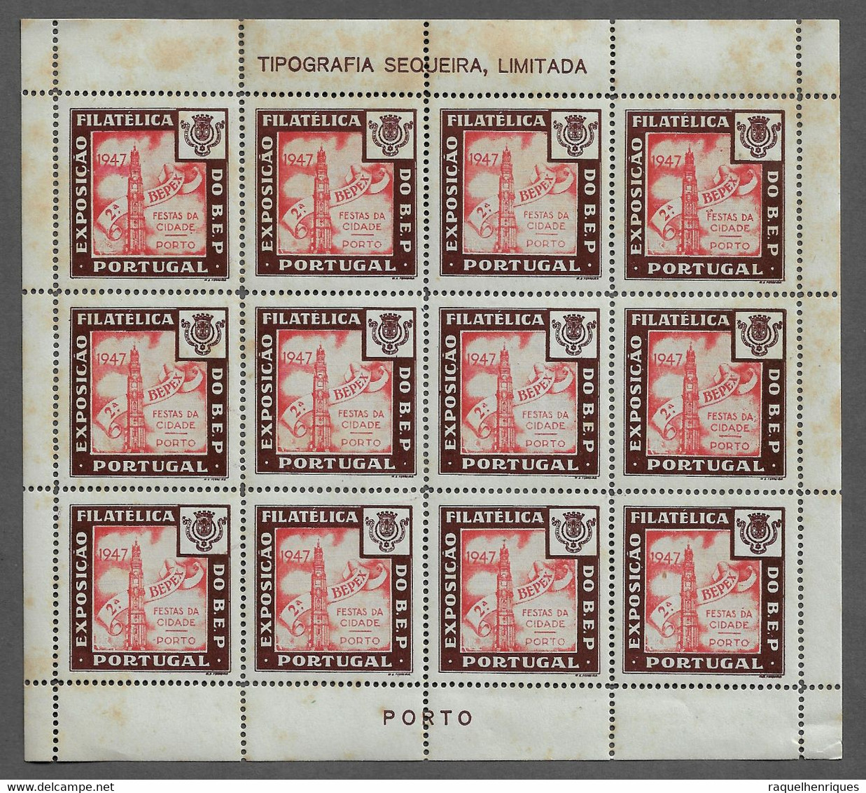 PORTUGAL STAMP - VINHETA EXP. FILATELICA FESTAS DA CIDADE DO PORTO 1947 - SHEET OF 12 (CX#B1-28) - Nuovi