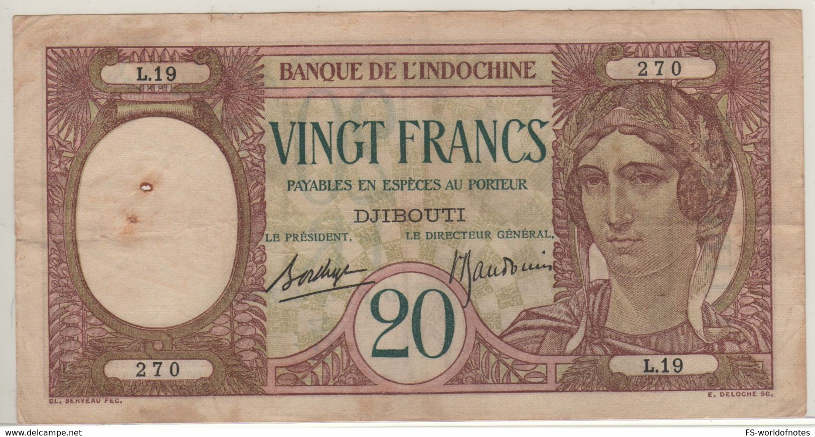 DJIBOUTI  "FRENCH Somaliland"  20 Francs  P7b  (ND 1928-38  Woman + Butterflies & Peacock At Back) - Djibouti