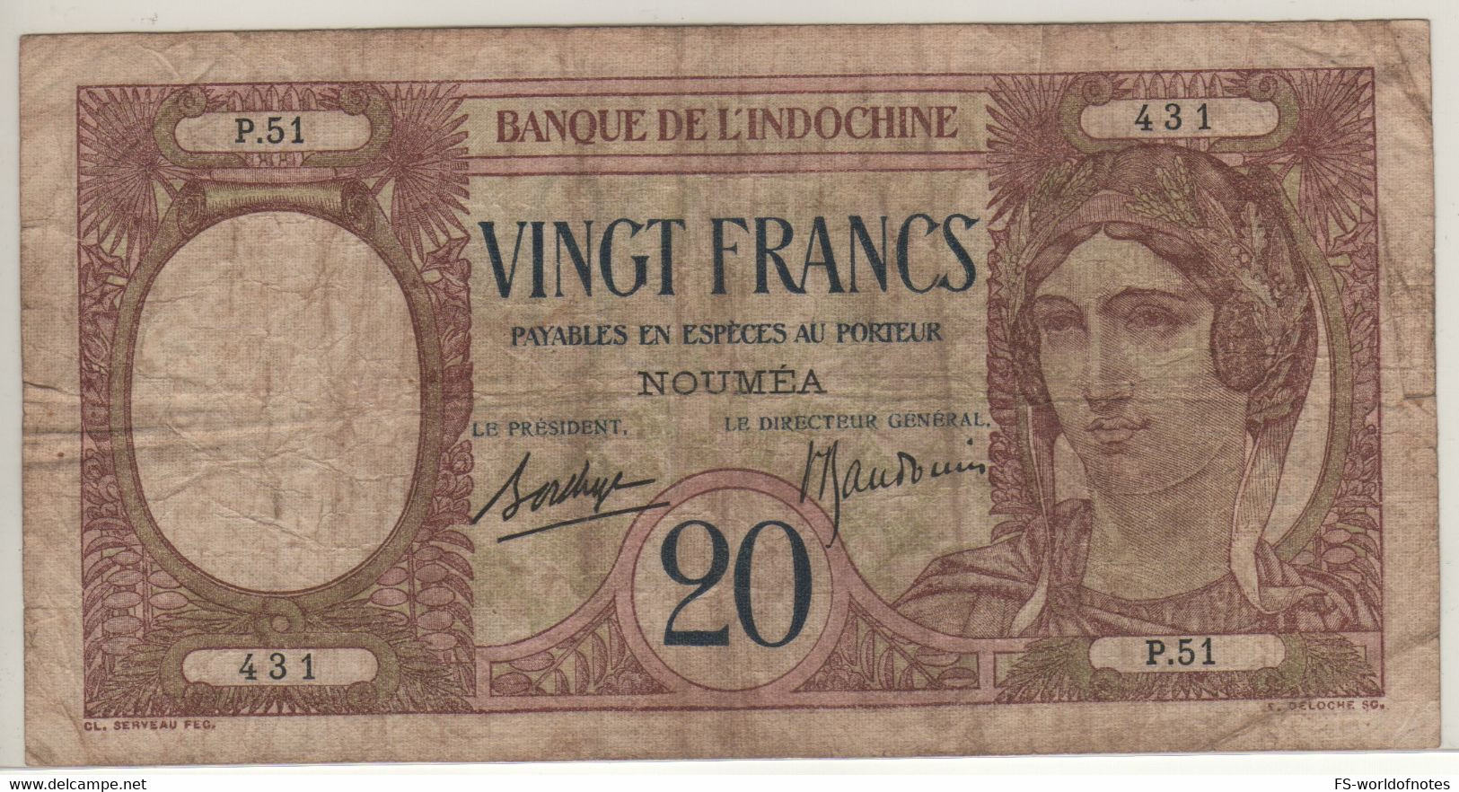 NEW CALEDONIA  20 Francs  "NOUMEA"   P37b  (ND 1928-38  Woman + Butterflies & Peacock At Back) - Nouméa (Nieuw-Caledonië 1873-1985)